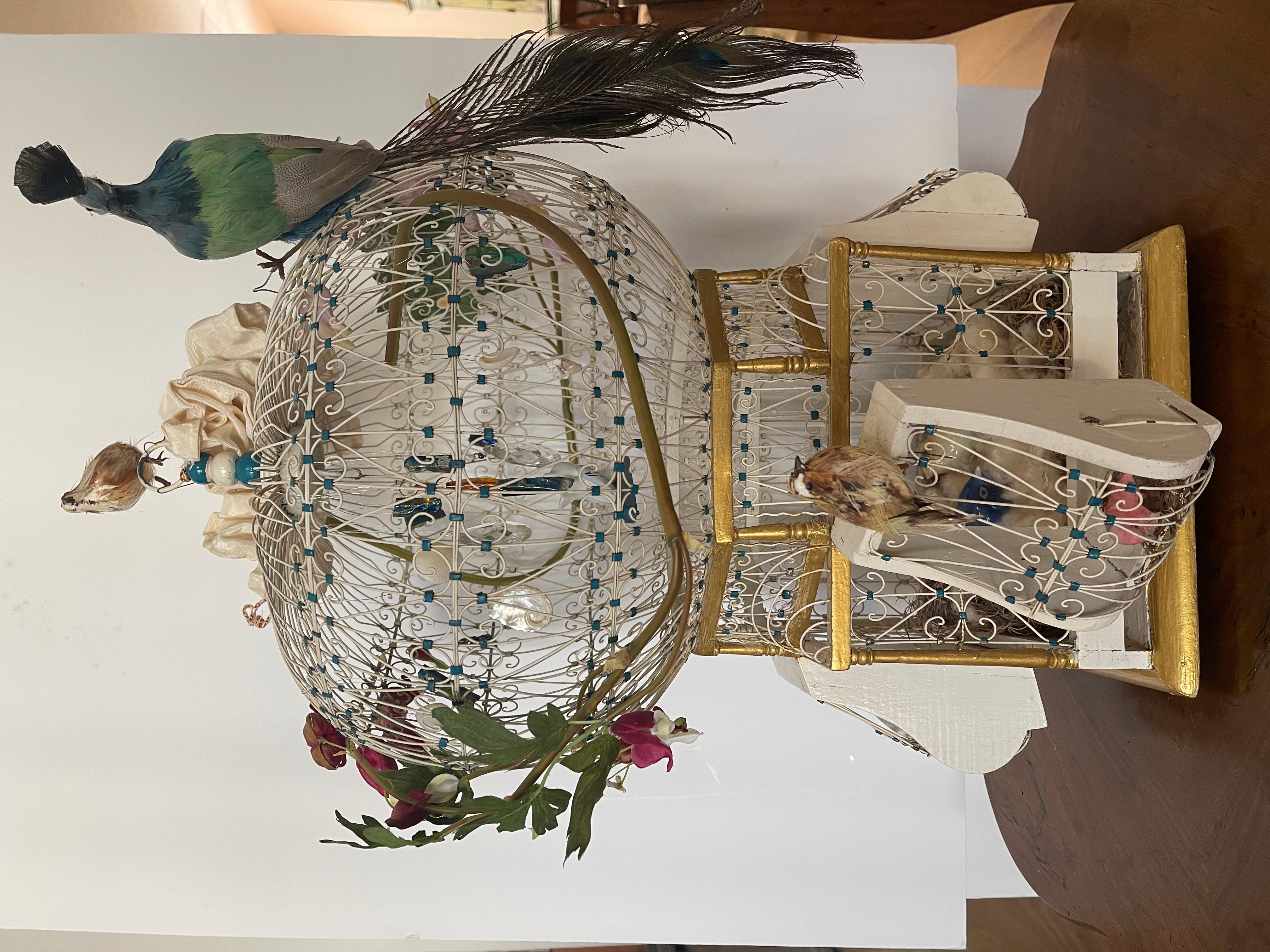 American Spectacular Handcrafted Antique Wire Bird Cage Lamp For Sale