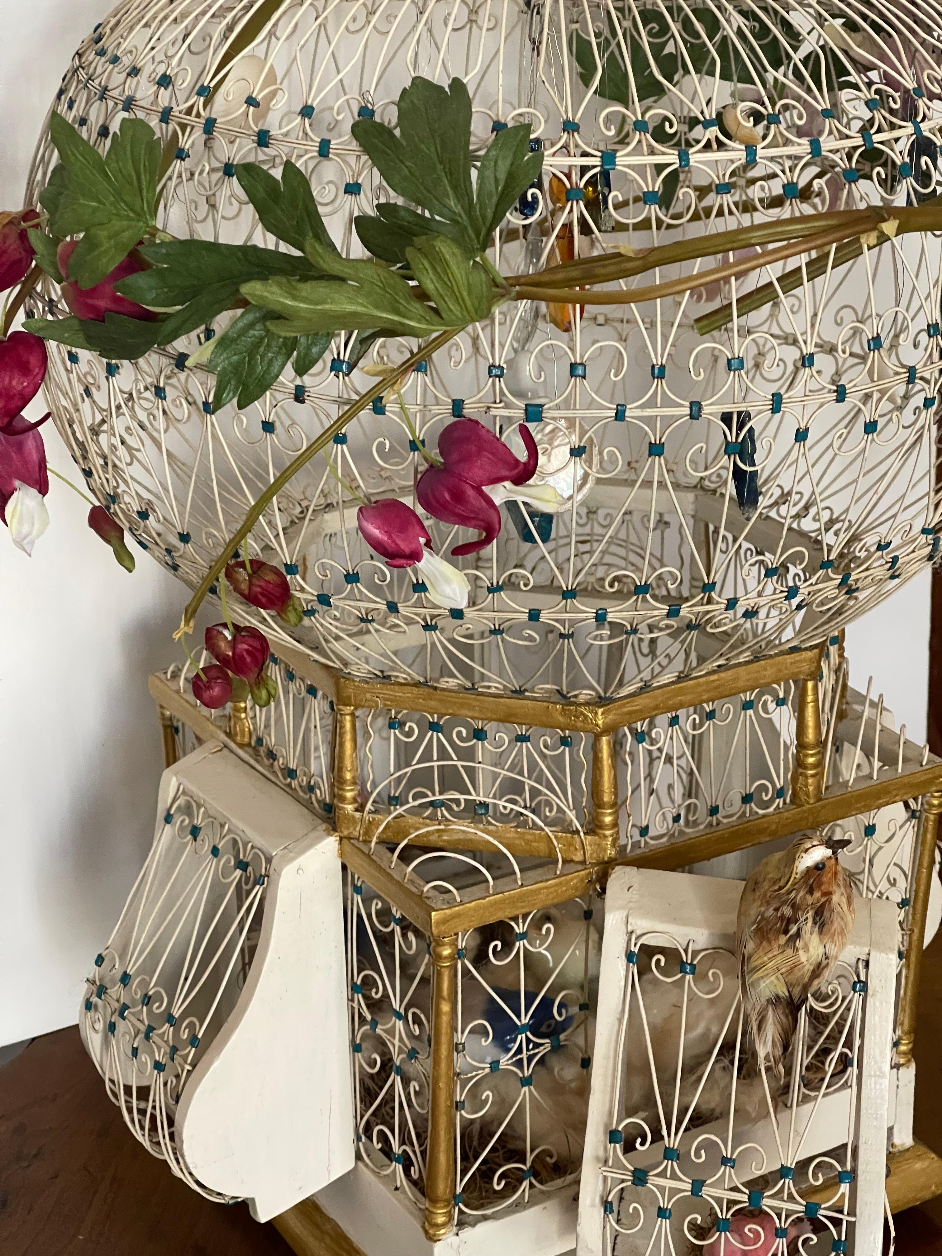 Spectacular Handcrafted Antique Wire Bird Cage Lamp In Good Condition For Sale In Boca Raton, FL