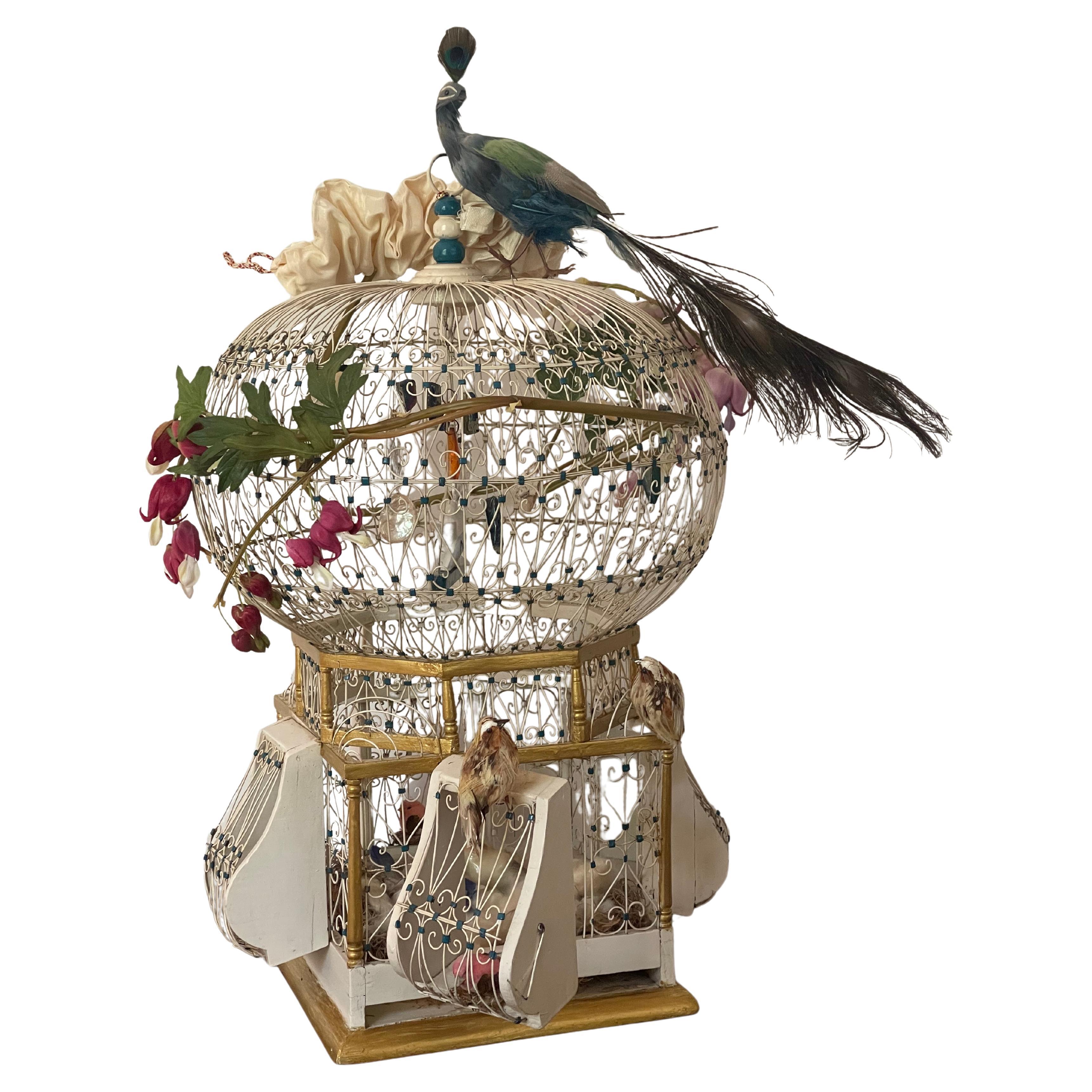 Spectacular Handcrafted Antique Wire Bird Cage Lamp For Sale