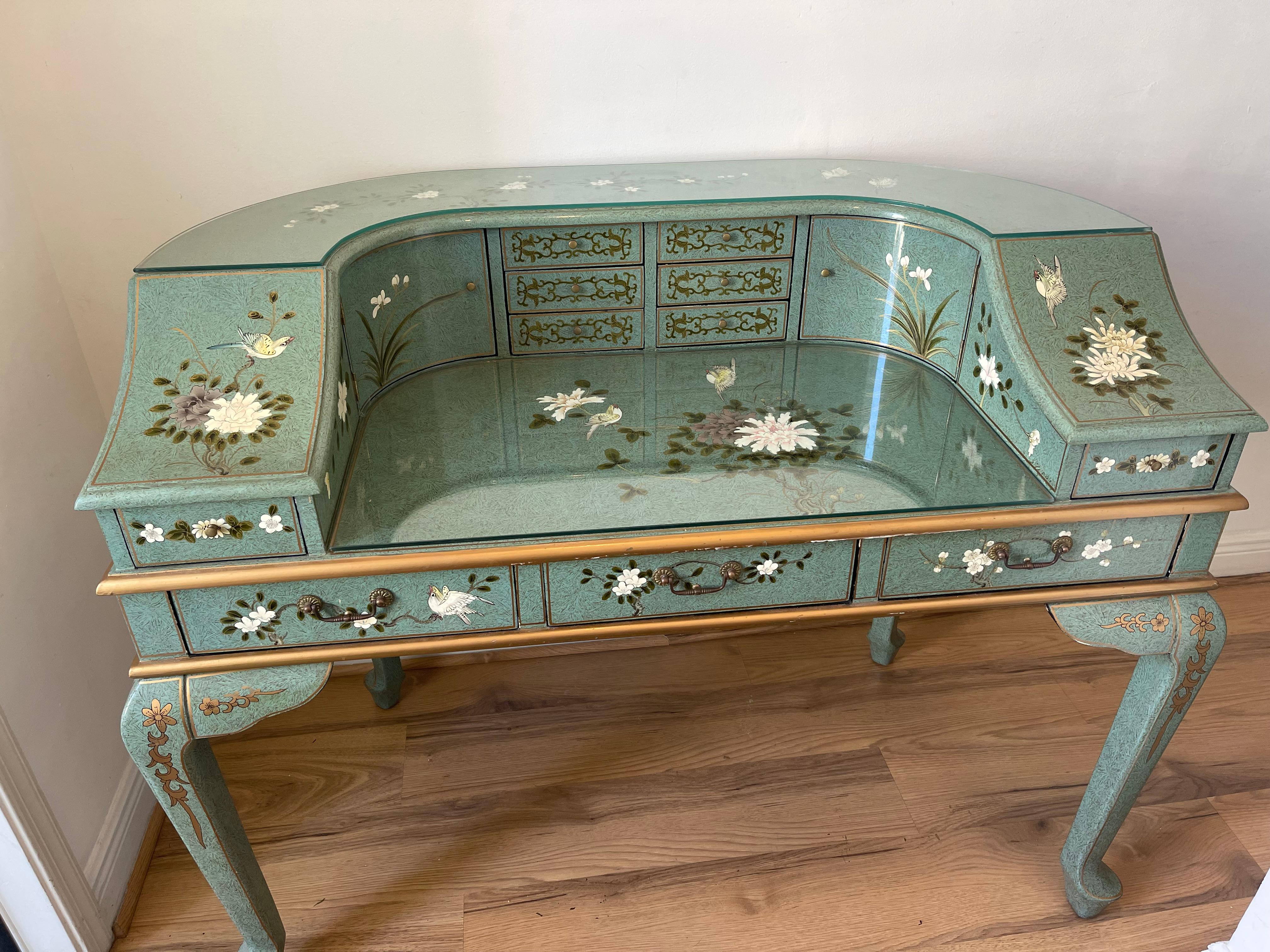 Spektakuläre handbemalte Chinoiserie-Damen-Schreibtisch-Blumen in Türkis und Weiß (Mitte des 20. Jahrhunderts) im Angebot