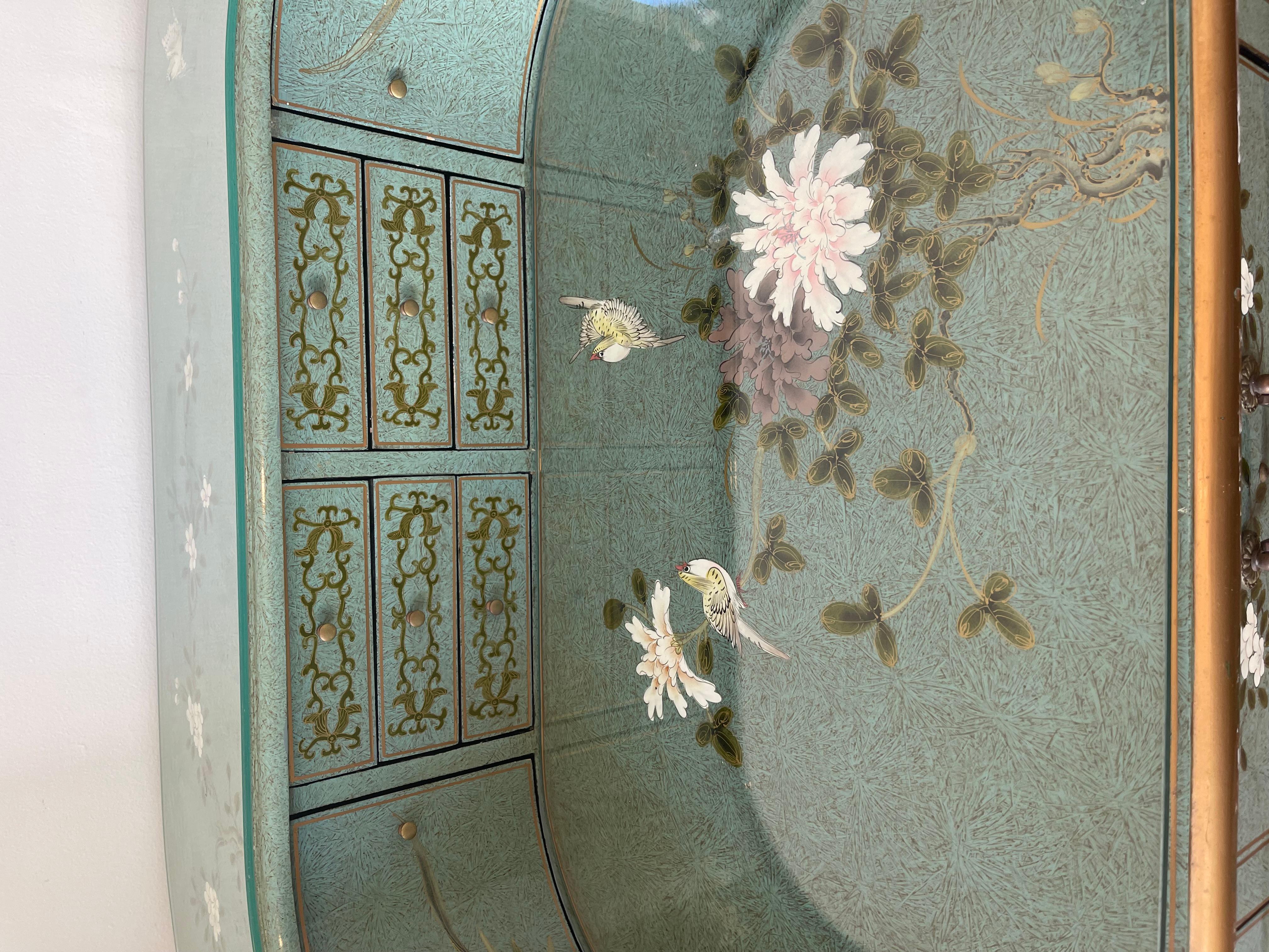 Spektakuläre handbemalte Chinoiserie-Damen-Schreibtisch-Blumen in Türkis und Weiß im Angebot 1
