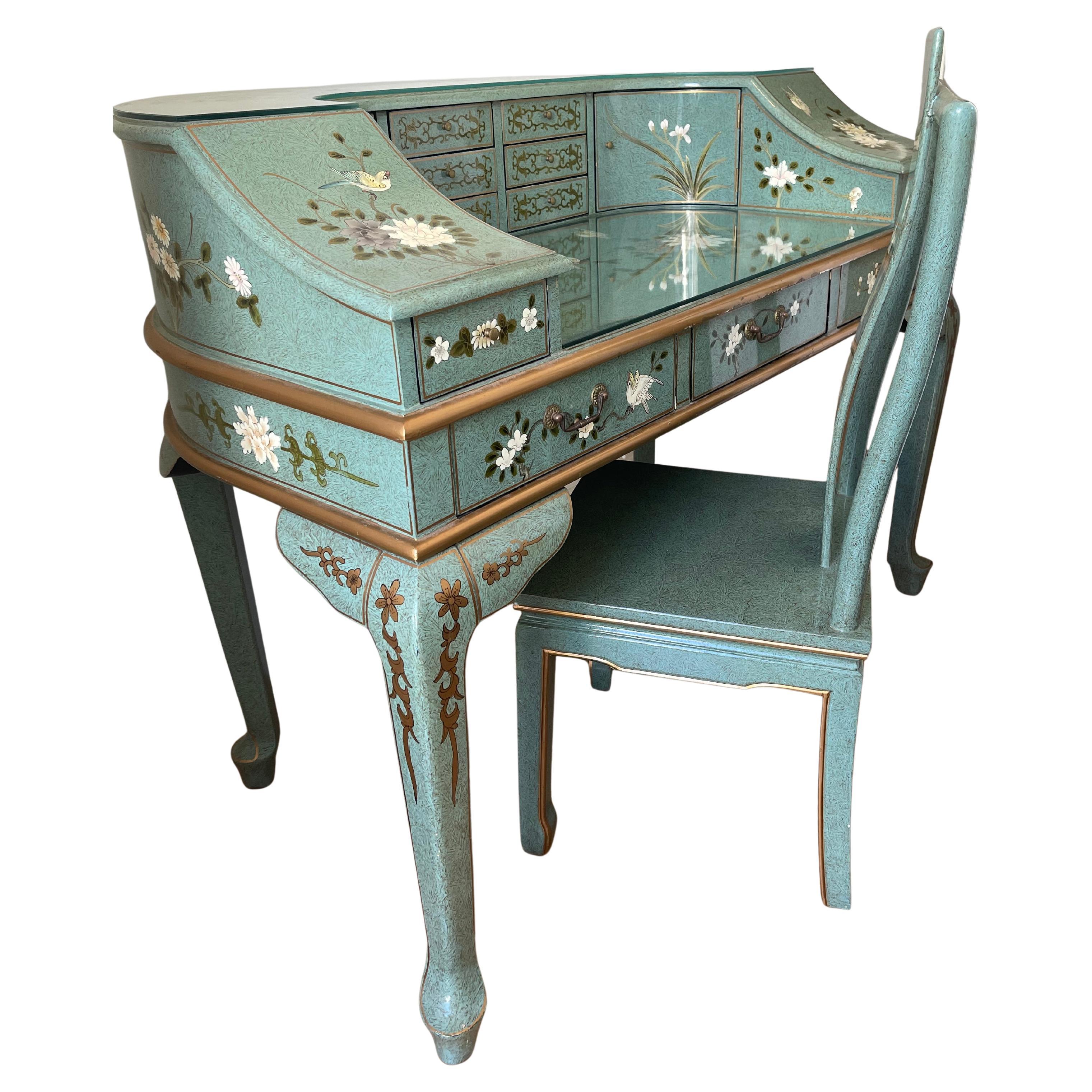 Spektakuläre handbemalte Chinoiserie-Damen-Schreibtisch-Blumen in Türkis und Weiß im Angebot