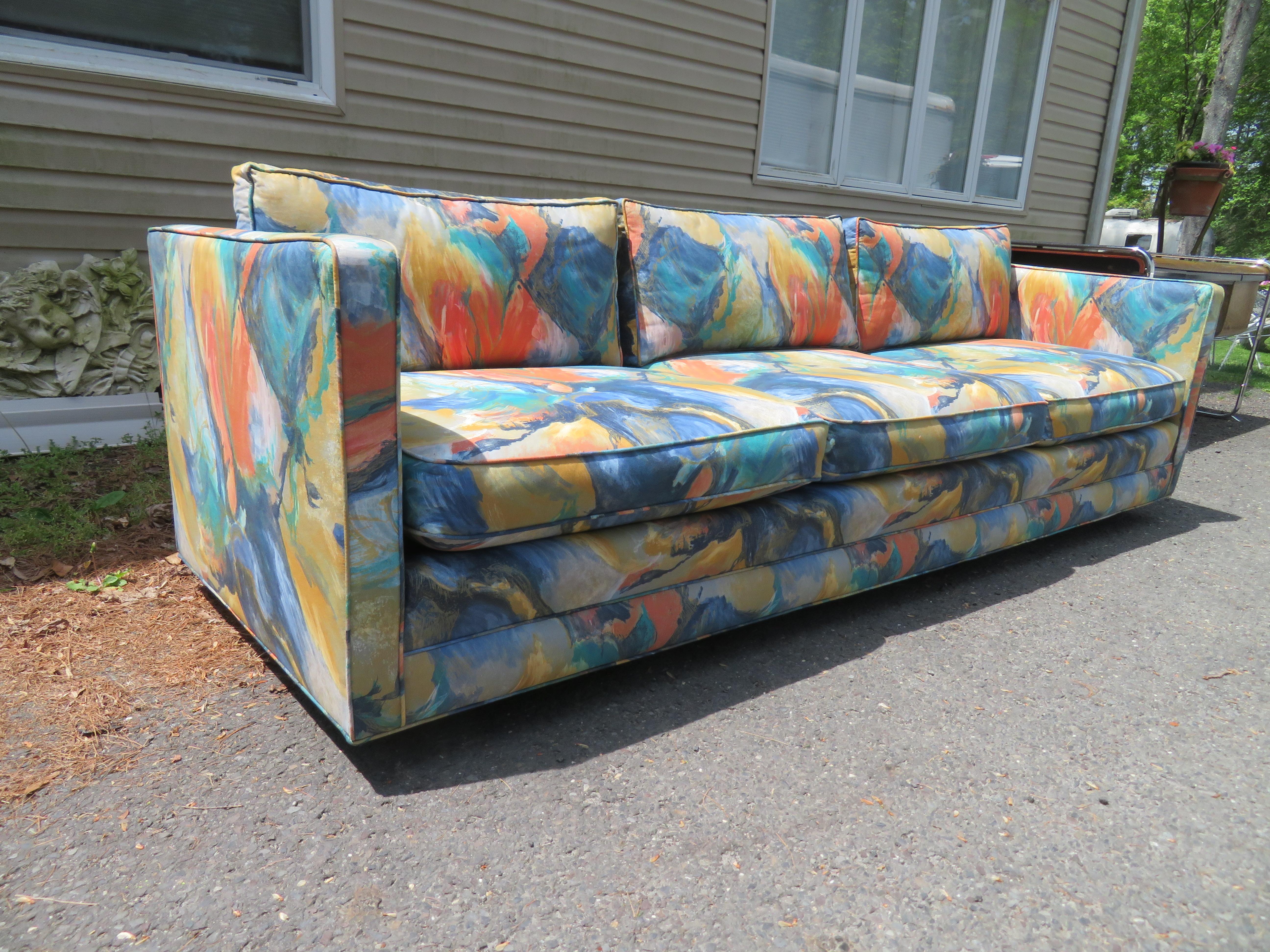 Spectacular Harvey Probber even arm Tuxedo sofa. This sofa was reupholstered by the original owners in this sensational tropical abstract fabric probably in the 80's-has been well cared for! The sofa measures 31