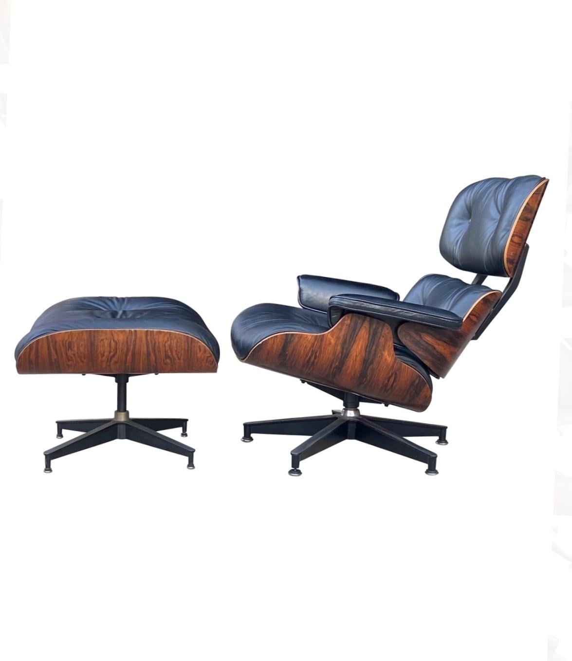 An exemplary edition of the Eames lounge chair and ottoman produced by Herman Miller. The rosewood grains and color on this set are simply stunning. Original chair and ottoman set. Black leather cushions in good condition and extremely comfortable.