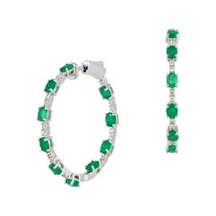 Spectacular Hoop White Gold 18K Earrings Emerald Diamond for Her