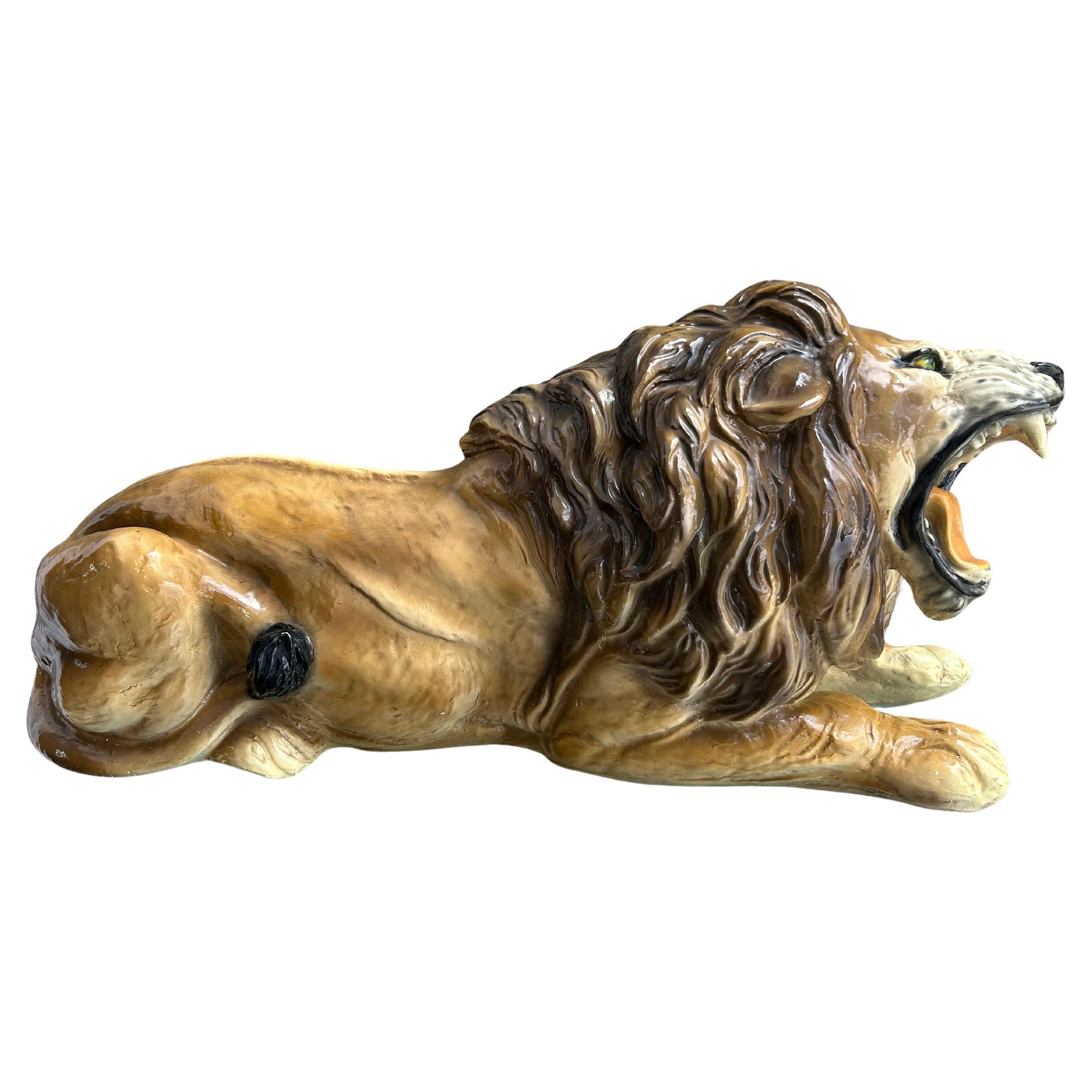Spectacular Huge Italian Terra Cotta Glazed Roaring Lion Mid-century Modern