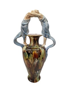 Spectacular huge vase women embracing, ceramics run glaze Jugendstil Art Nouveau