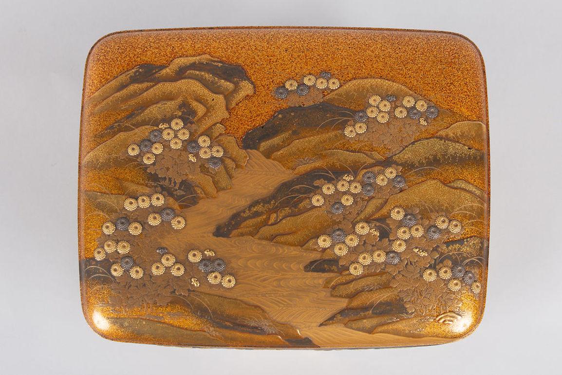 19th Century Spectacular Incense Box, Hills and River, Gold and Silver Chrysanthemums