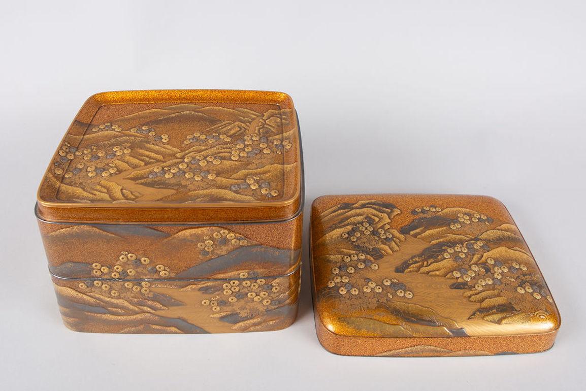Spectacular Incense Box, Hills and River, Gold and Silver Chrysanthemums 3