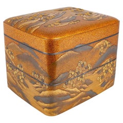 Spectacular Incense Box, Hills and River, Gold and Silver Chrysanthemums