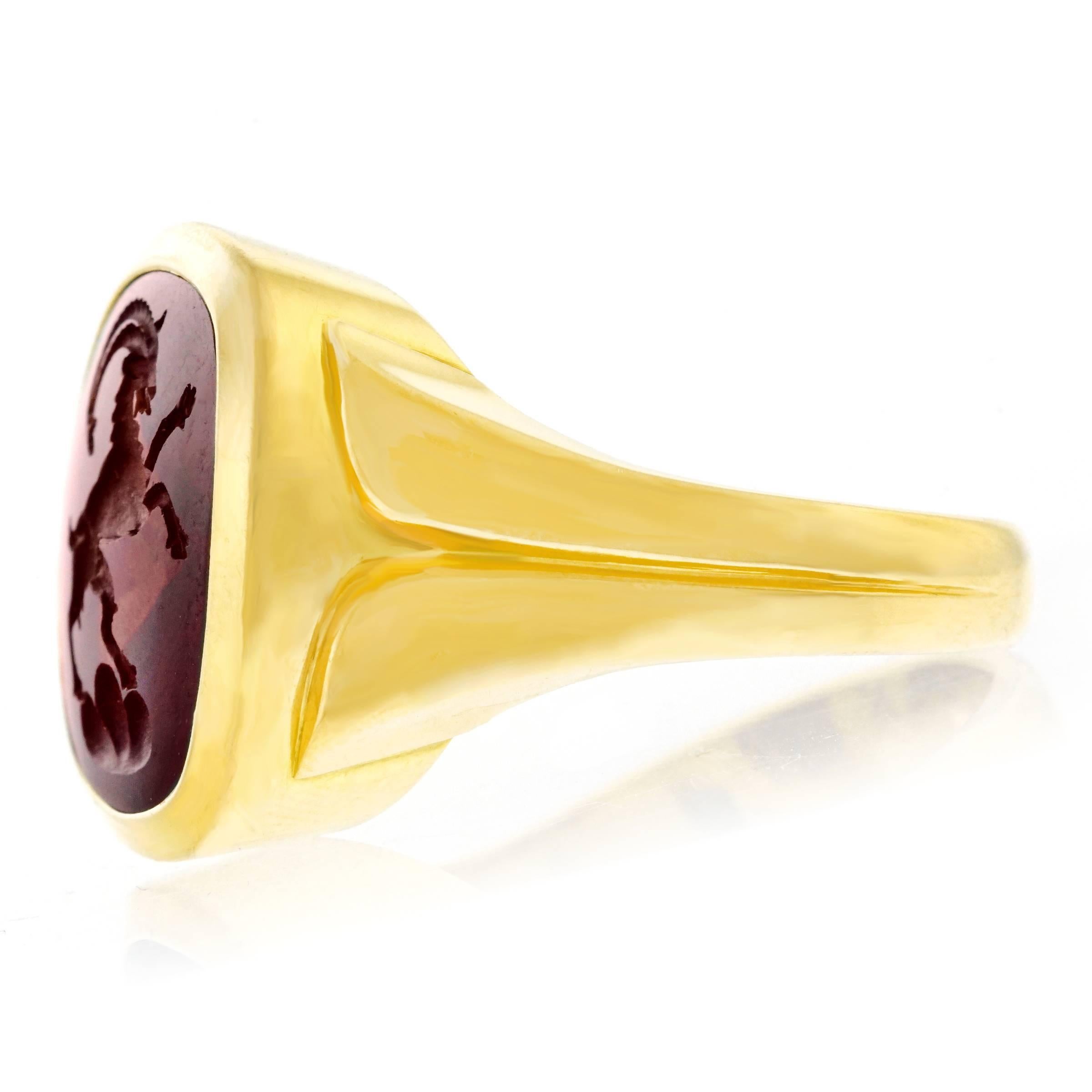Spectacular Intaglio Cut Garnet Signet Ring In Excellent Condition In Litchfield, CT
