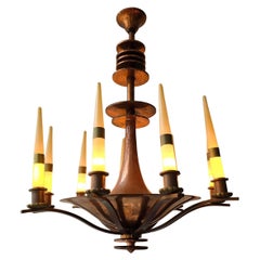 Spectacular Italian Art Deco Copper Chandelier with Eight Opaline Glass Candles