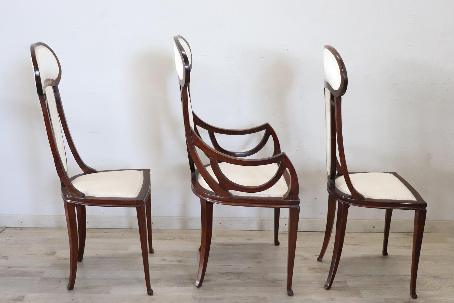 Spectaculaire ensemble de fauteuil et 2 Chiars Art nouveau italien par Carlo Zen, années 1902 en vente 9