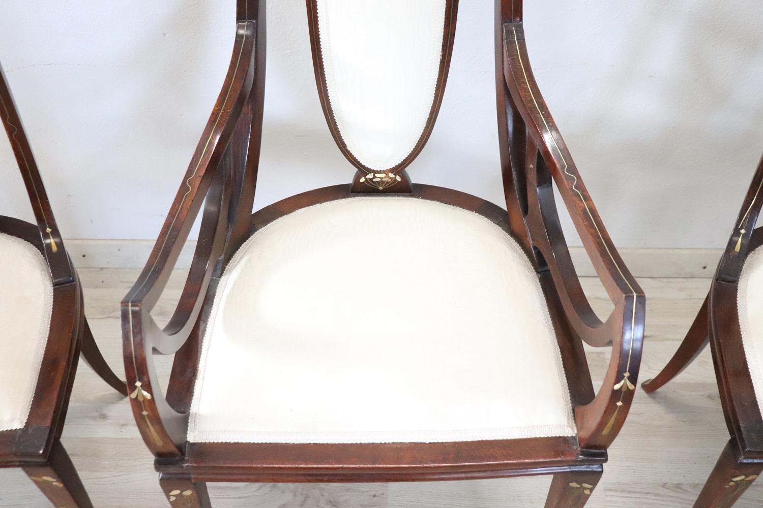Walnut Spectacular Italian Art Nouveau Set of Armchair and 2 Chiars by Carlo Zen 1902s For Sale