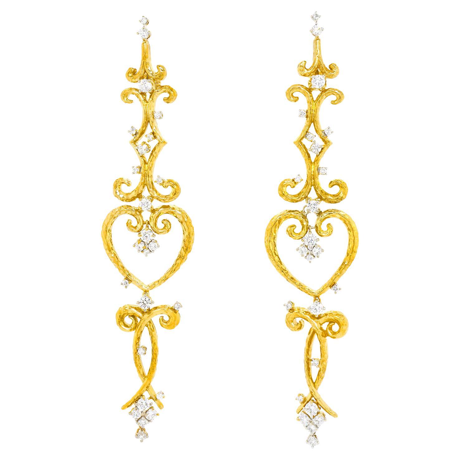 Spectacular Italian Diamond-Set Gold Chandelier Earrings For Sale