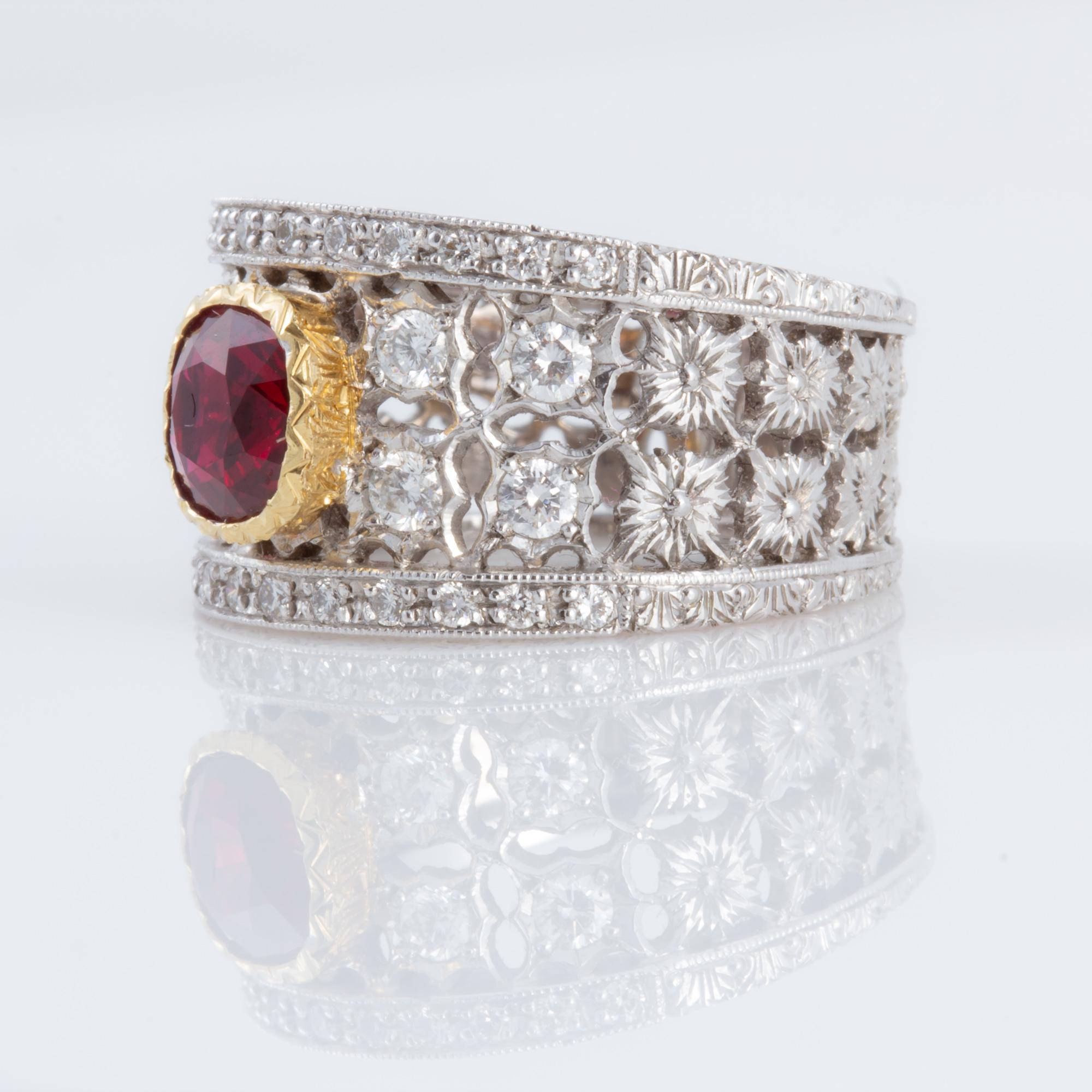 Featuring a 1.45 loupe clean and exceptionally well cut Ruby (Mozambique, H ) this beautiful band is a personal favorite.  Handcrafted by a small family run studio in Florence, Italy this style of artisanship has been produced for nearly 600