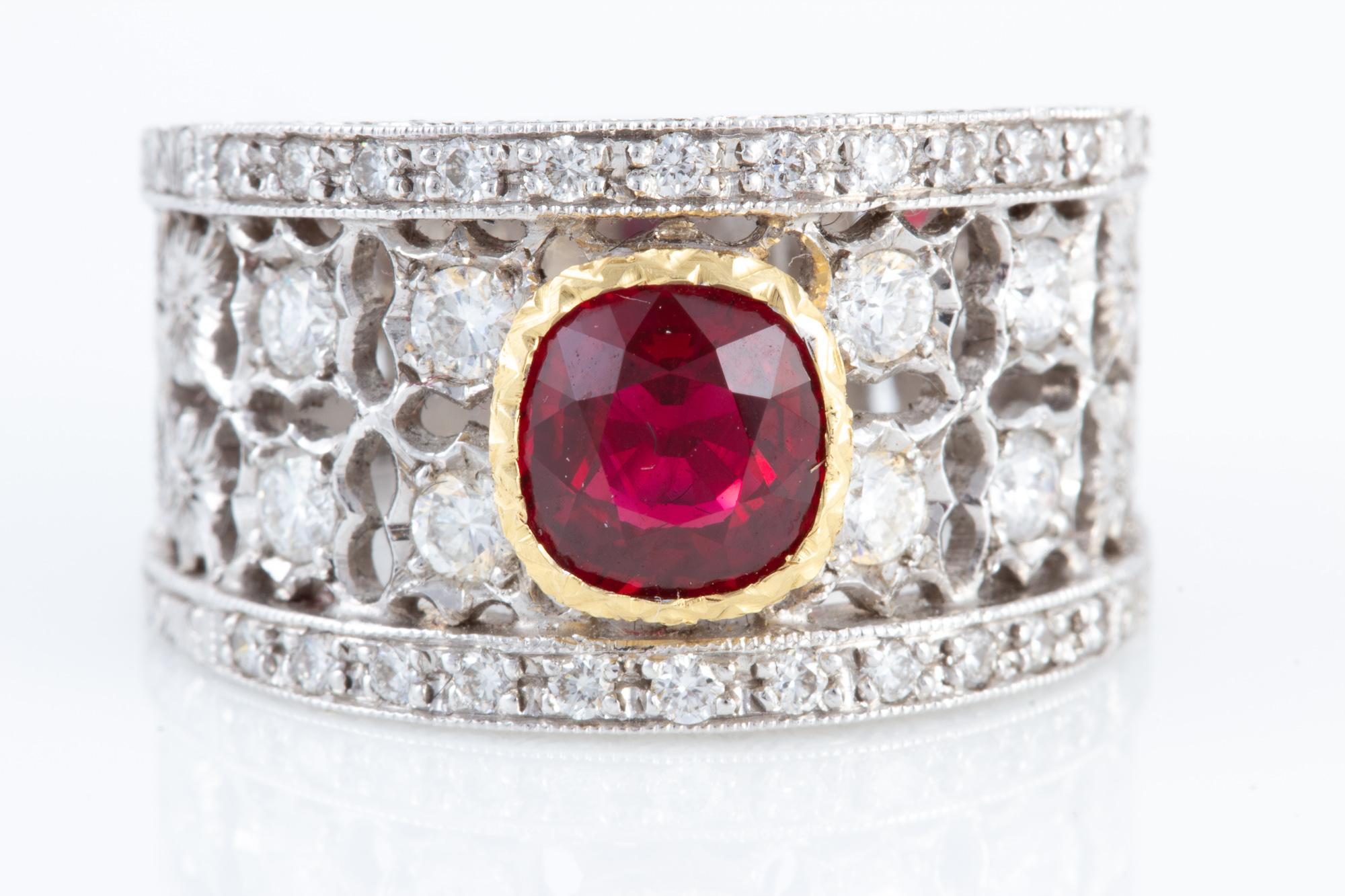 Spectacular Italian Florentine Engraved Ruby and Diamond 18 karat Ring In New Condition For Sale In Houston, TX