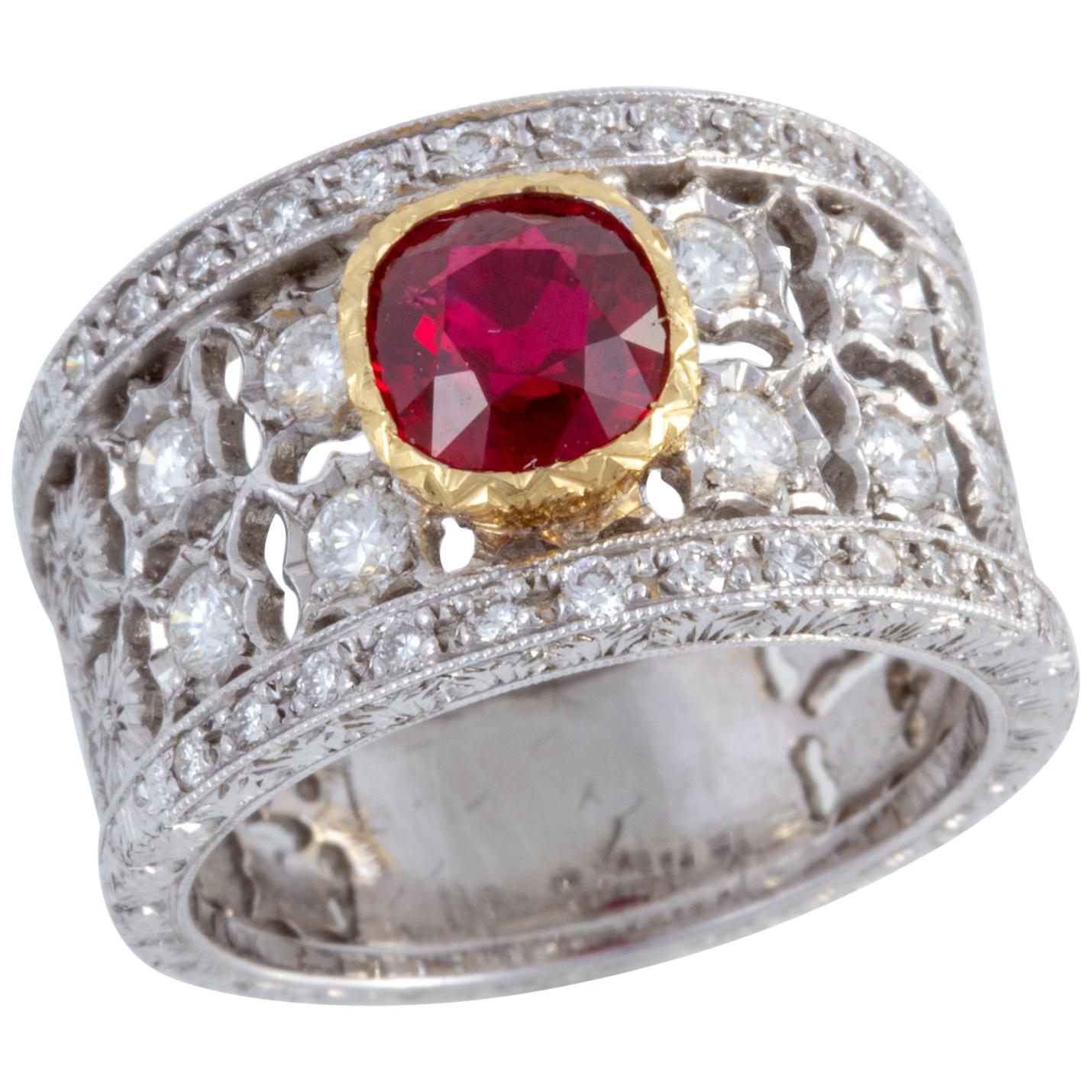 Spectacular Italian Florentine Engraved Ruby and Diamond 18 karat Ring For Sale