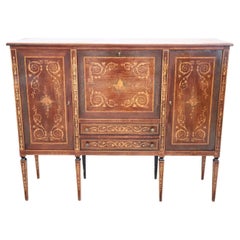 Spectacular Italian Louis XVI Style Inlaid Walnut Sideboard with Bar Cabinet