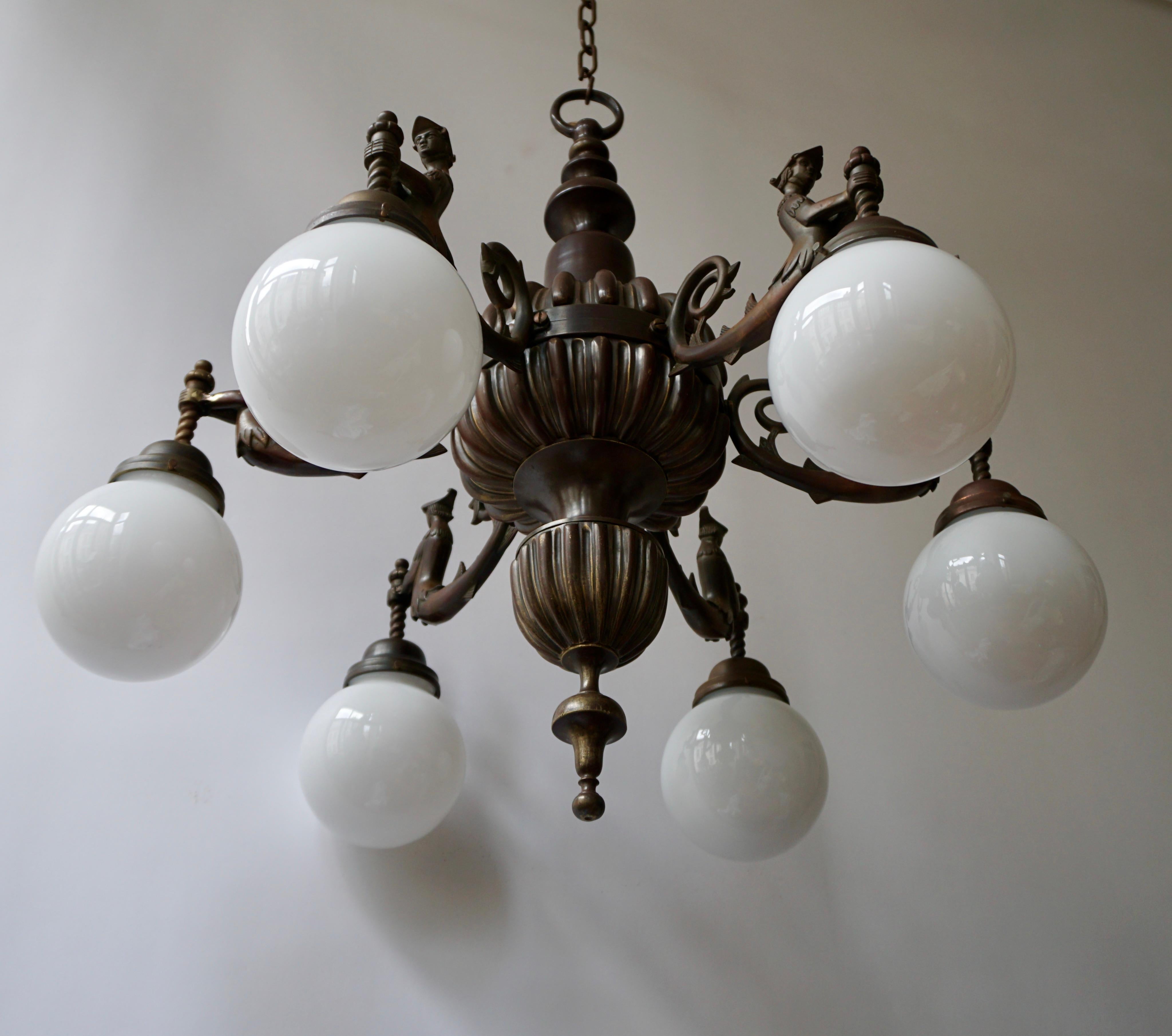 Mid-Century Modern Spectacular Italian Patinated Bronze Figural Chandelier For Sale