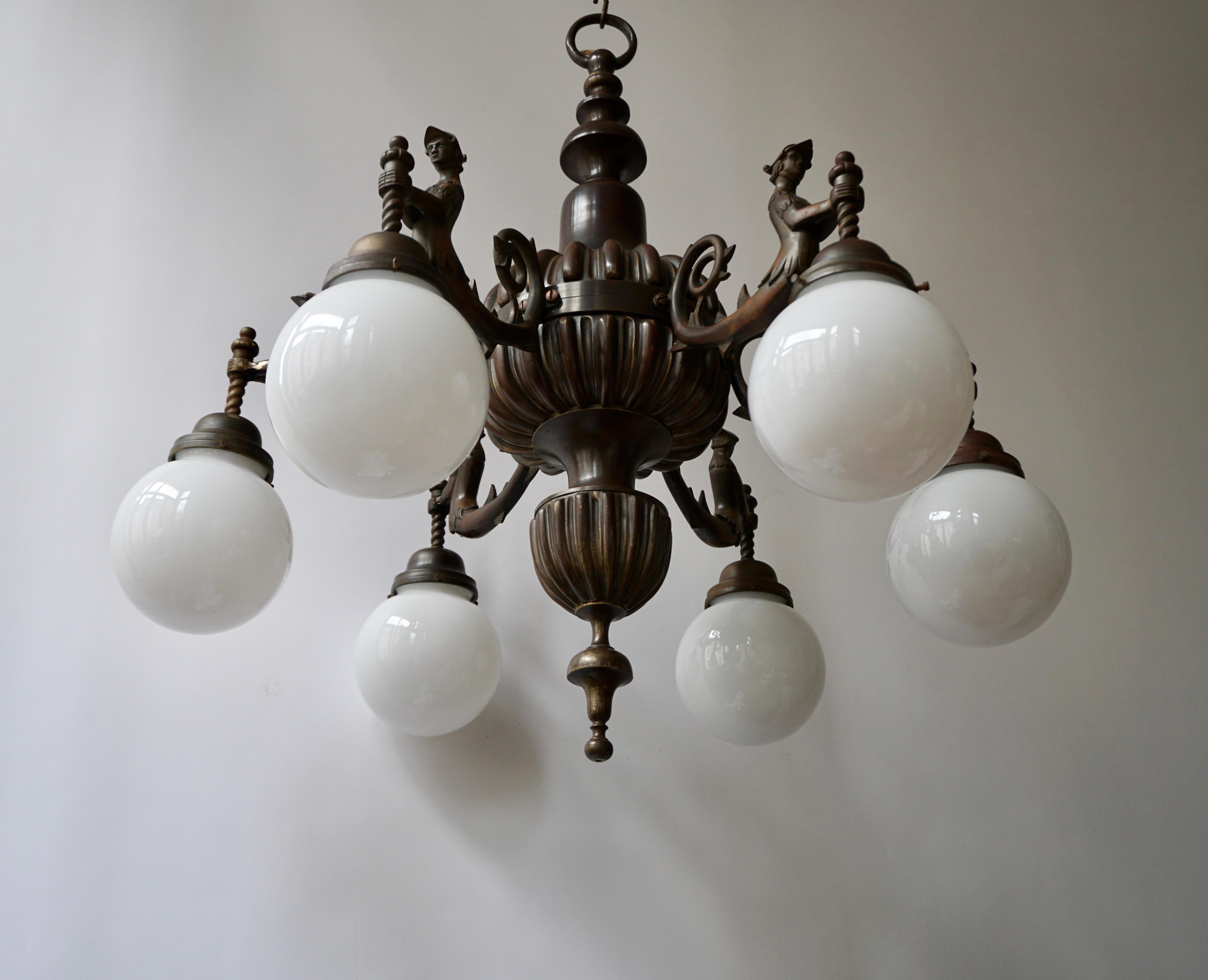 20th Century Spectacular Italian Patinated Bronze Figural Chandelier For Sale
