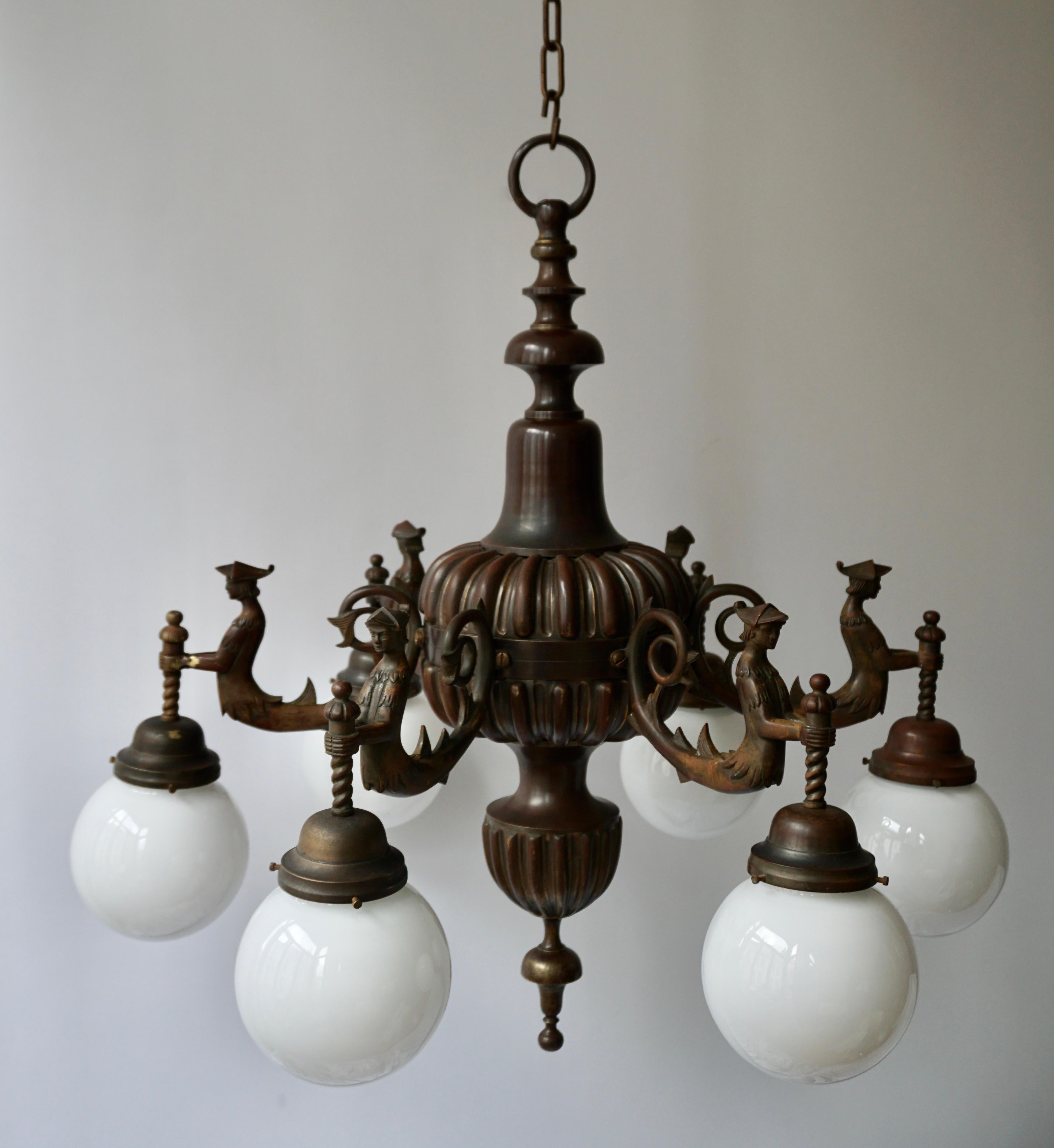 Opaline Glass Spectacular Italian Patinated Bronze Figural Chandelier For Sale