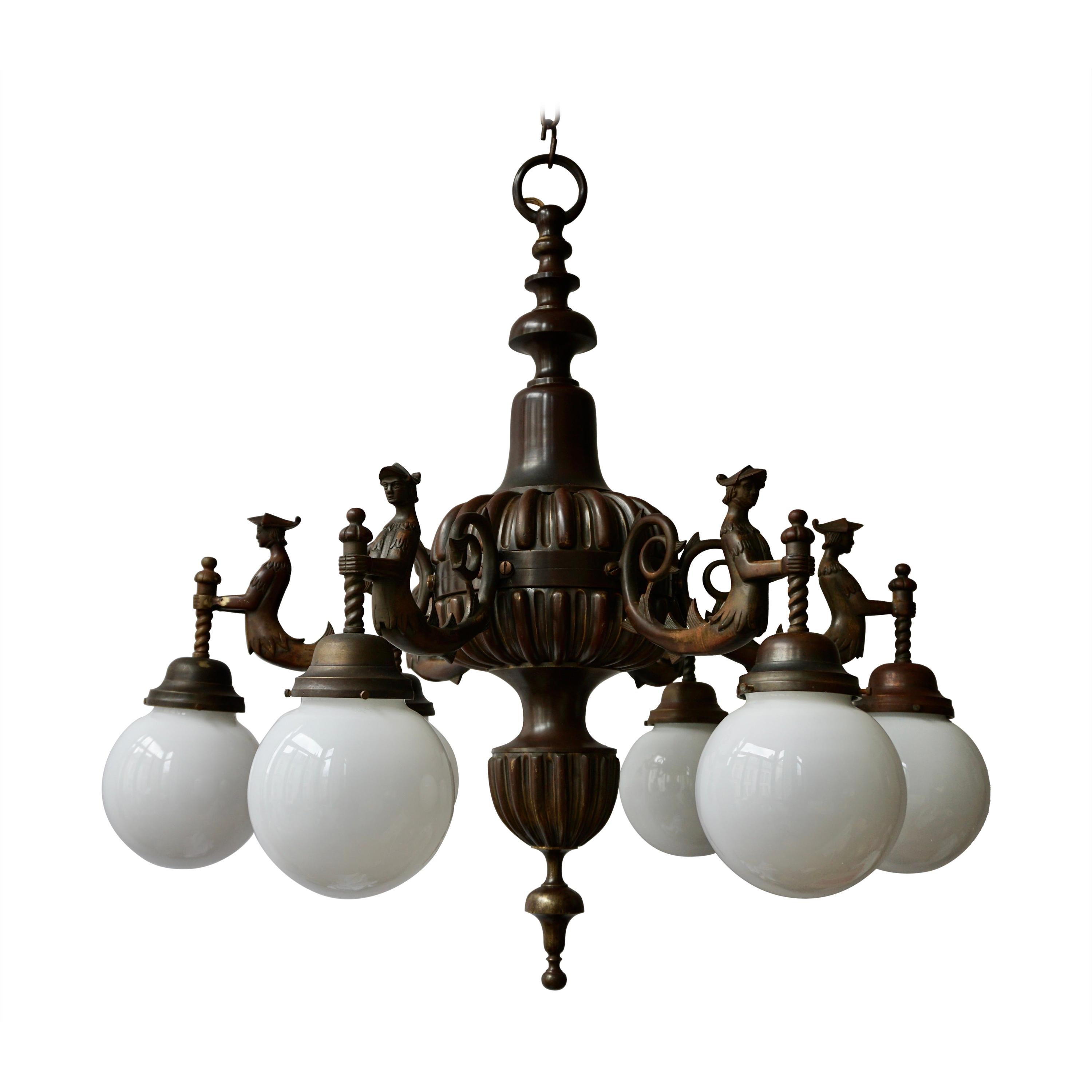 Spectacular Italian Patinated Bronze Figural Chandelier For Sale