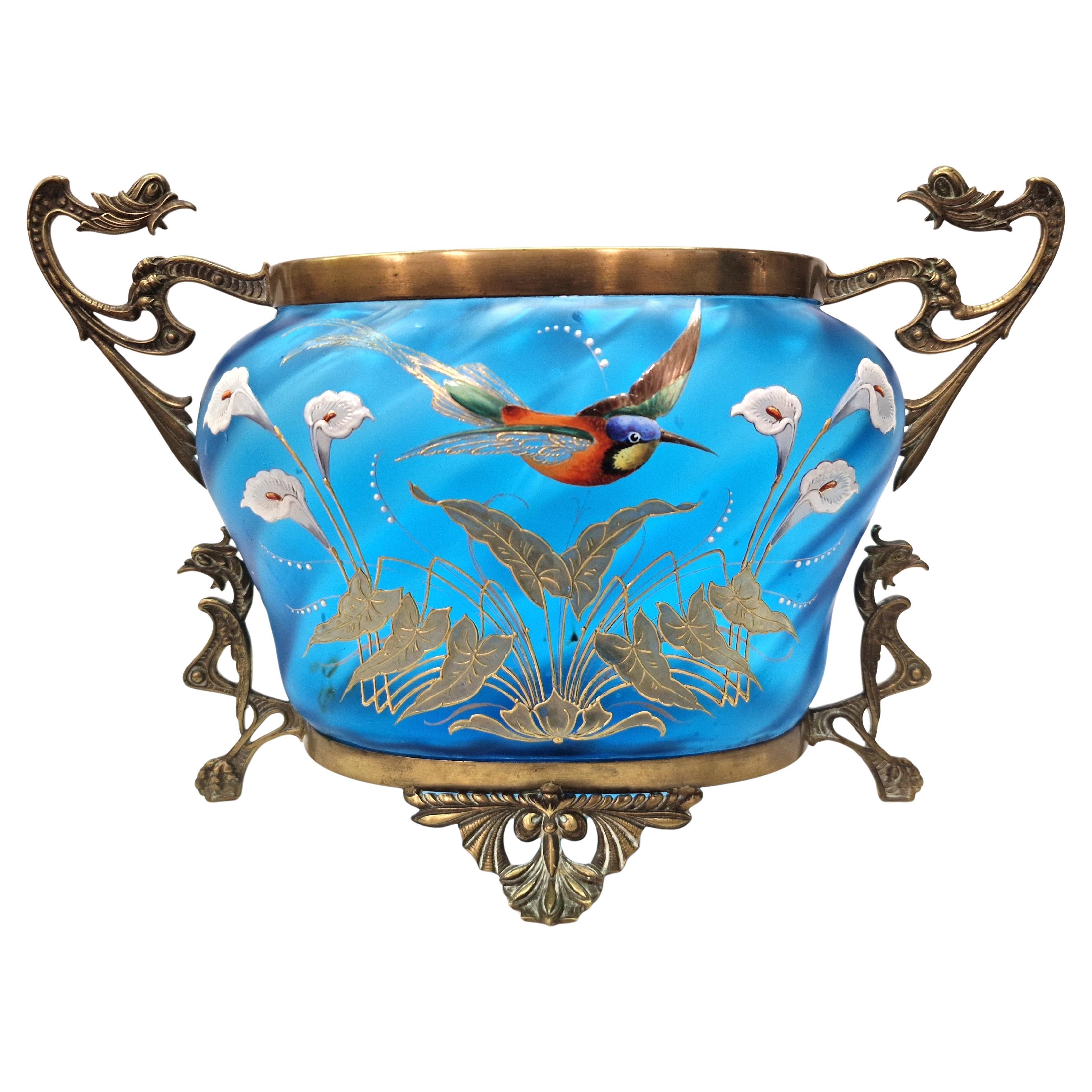 Spectaculaire vase à fleurs de jardinière, peinture émaillée en bleu delilicate, 1890 France en vente