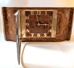 Spectacular Large Art Deco Walnut & Chrome Mantle Clock, c1930