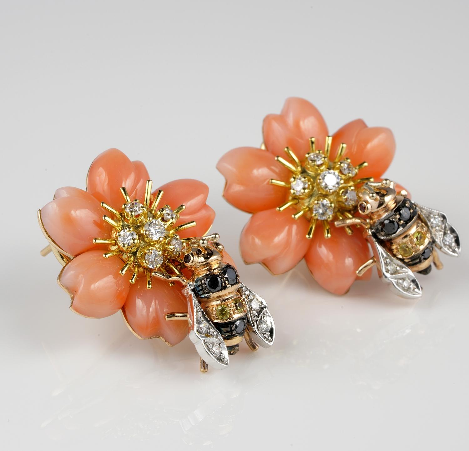 Contemporary Spectacular Large Coral Flower Earrings with Bee Diamond Sapphire For Sale