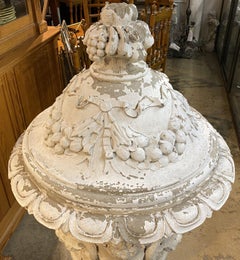 Spectacular Large Covered Footed Urn with Ram’s Head Decoration in Faux Stone