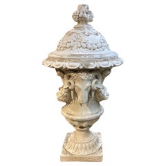 Spectacular Large Covered Footed Urn with Ram’s Head Decoration in Faux Stone