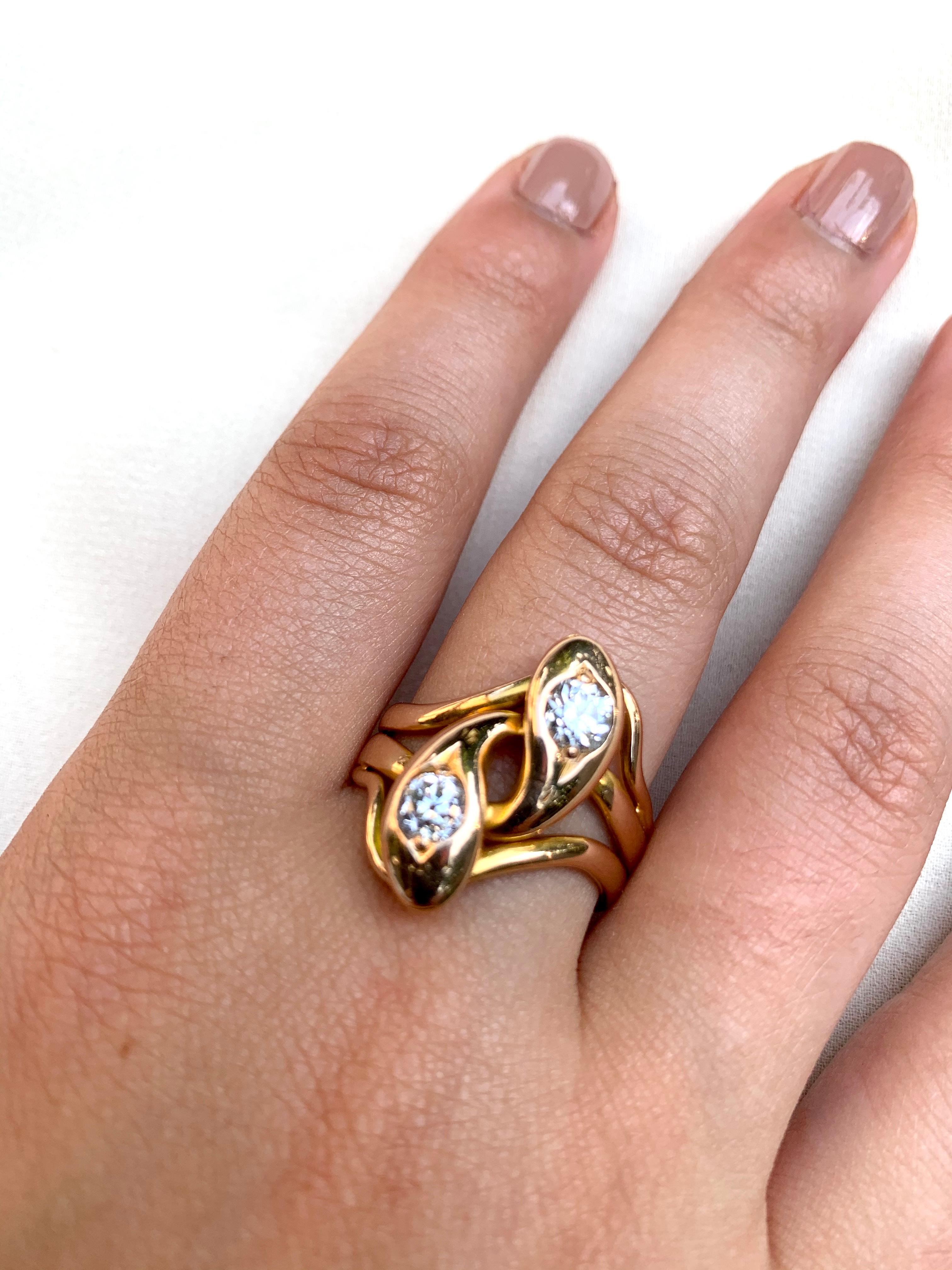 Spectacular Substantial Art Nouveau Diamond 14K Yellow Gold Double Snake Ring For Sale 4