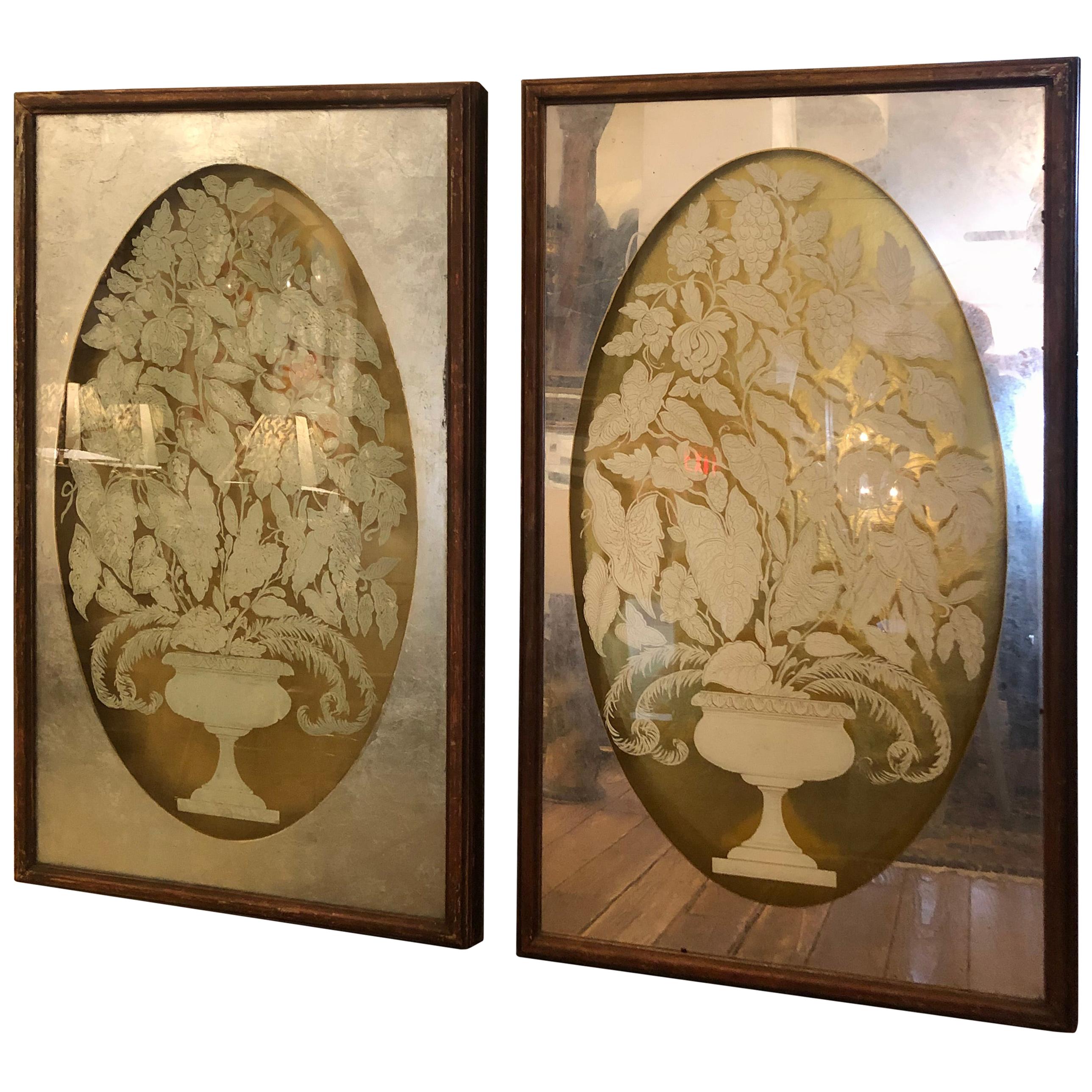 Spectacular Large Églomisé Reverse Painting on Glass Silver and Gold Leaf Panels