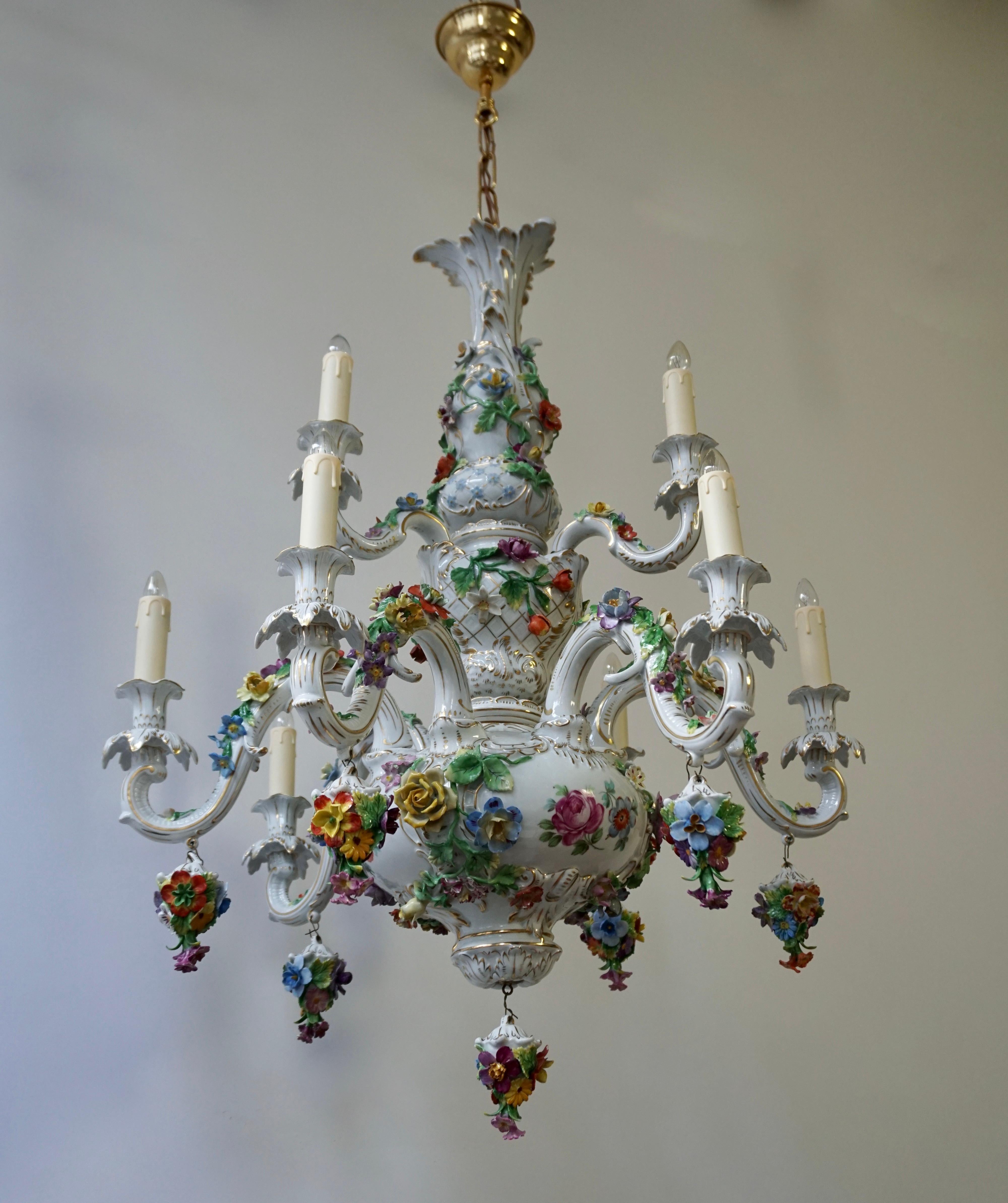 Hollywood Regency Spectacular Large Italian Rococo Style Porcelain Floral Chandelier For Sale