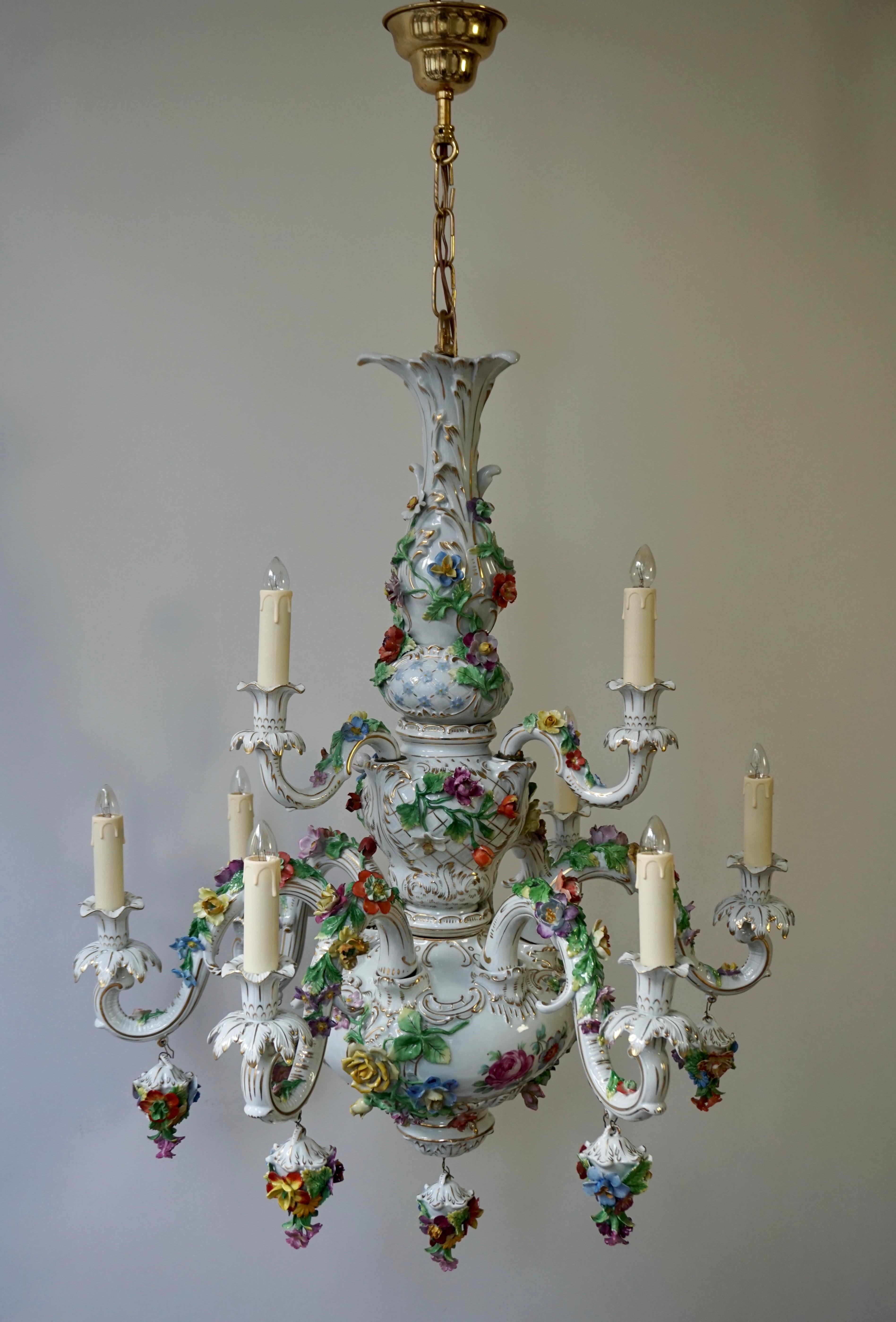Gilt Spectacular Large Italian Rococo Style Porcelain Floral Chandelier For Sale