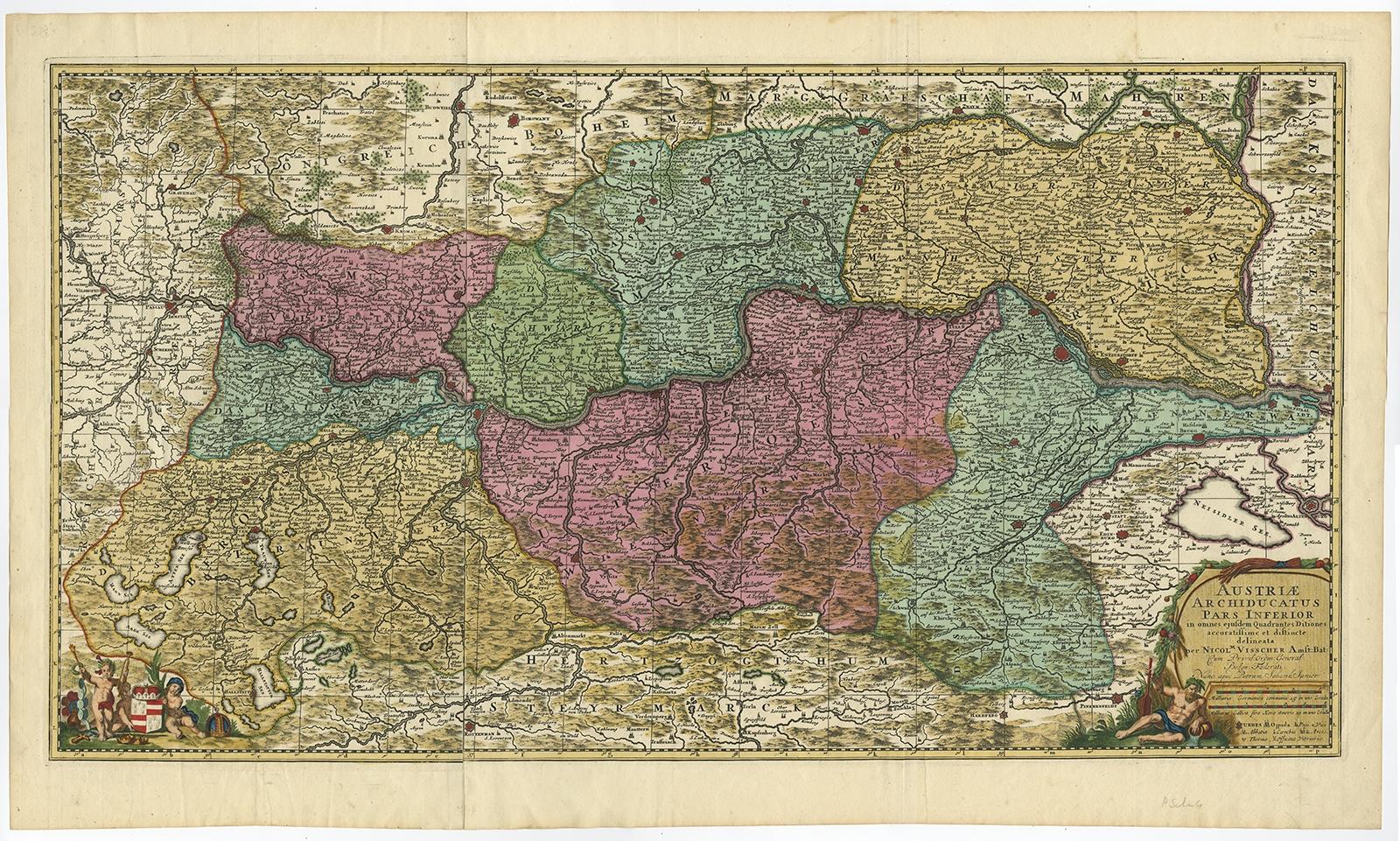 Antique map titled 'Austriae Archiducatus pars superior in omnes ejusdem (..).' 

Spectacular large map of Upper and Lower Austria between Passau and Wien with figurative cartouche and armorial vignette. Printed on two sheets and joined. Published