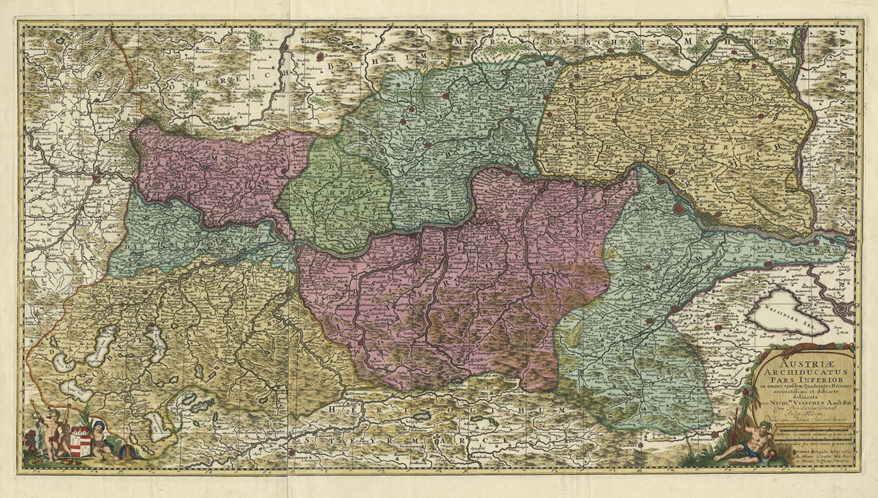 Spectacular Large Map of Upper and Lower Austria between Passau and Wien, c.1700 In Good Condition For Sale In Langweer, NL