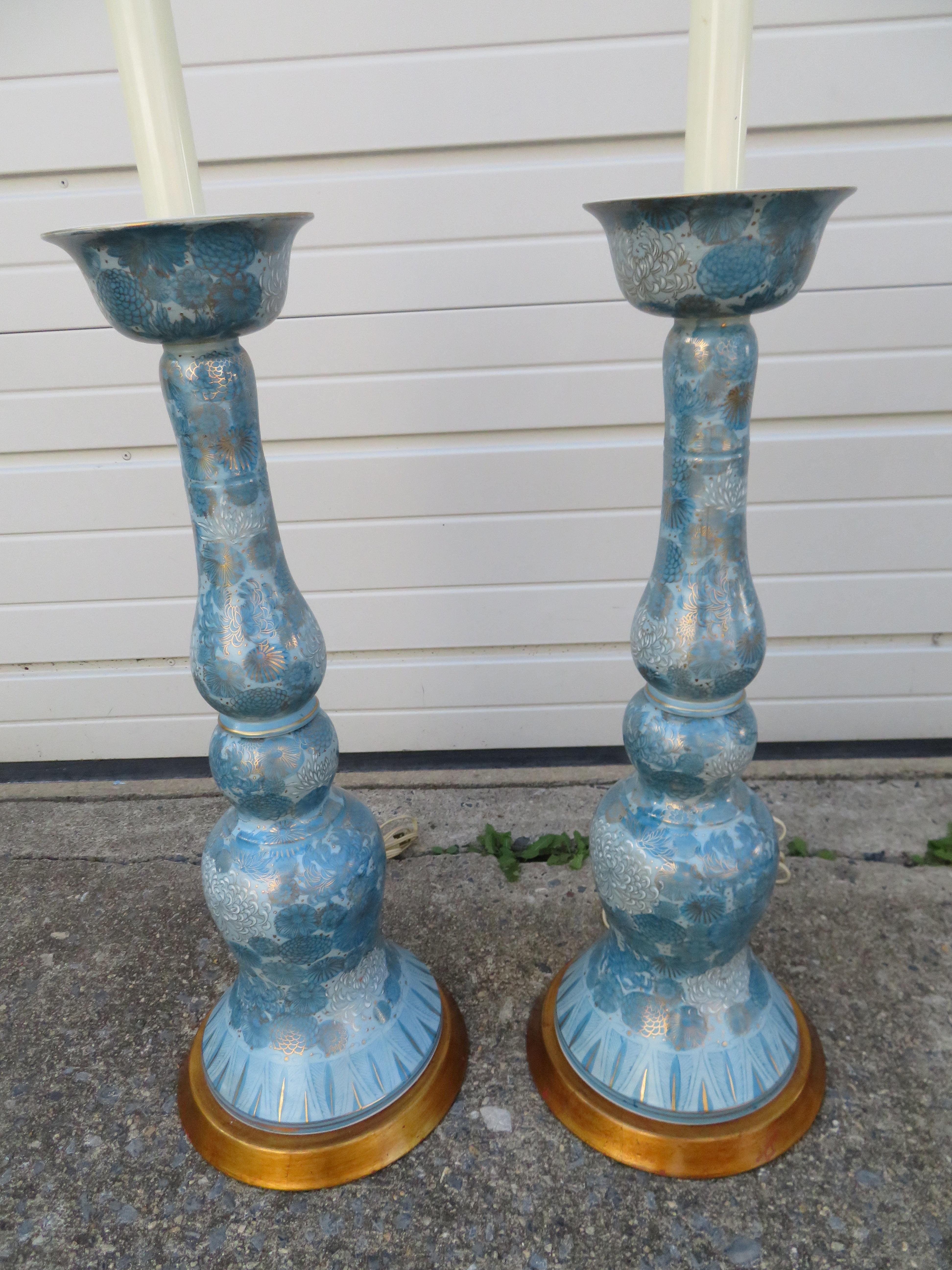 Spectacular large pair of blue and white chrysanthemum porcelain lamps by Marbro. These lamps are show stoppers in person-large-scale and impressive!