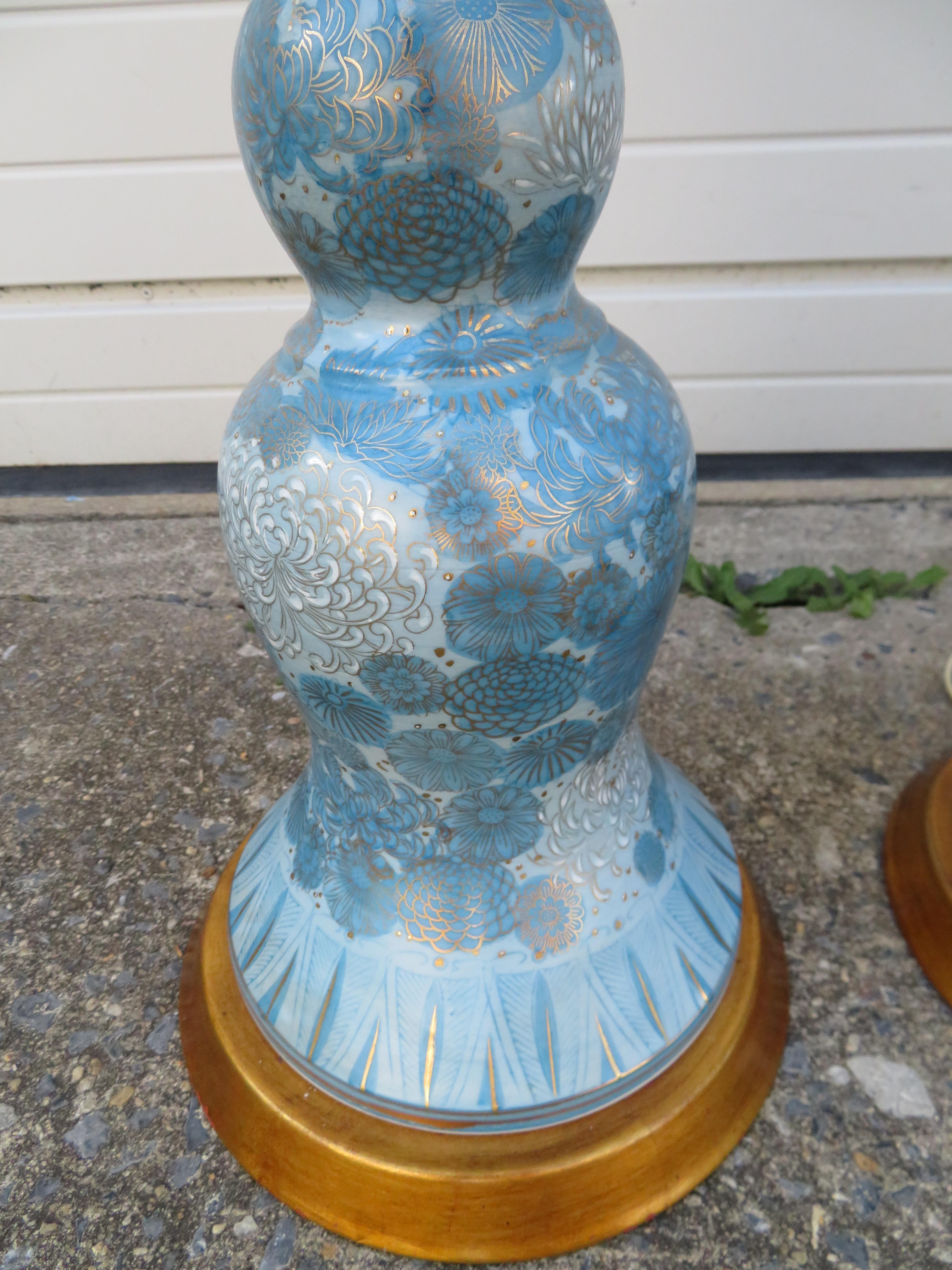 Mid-Century Modern Spectacular Large Pair Marbro Blue and White Chrysanthemum Porcelain Lamps