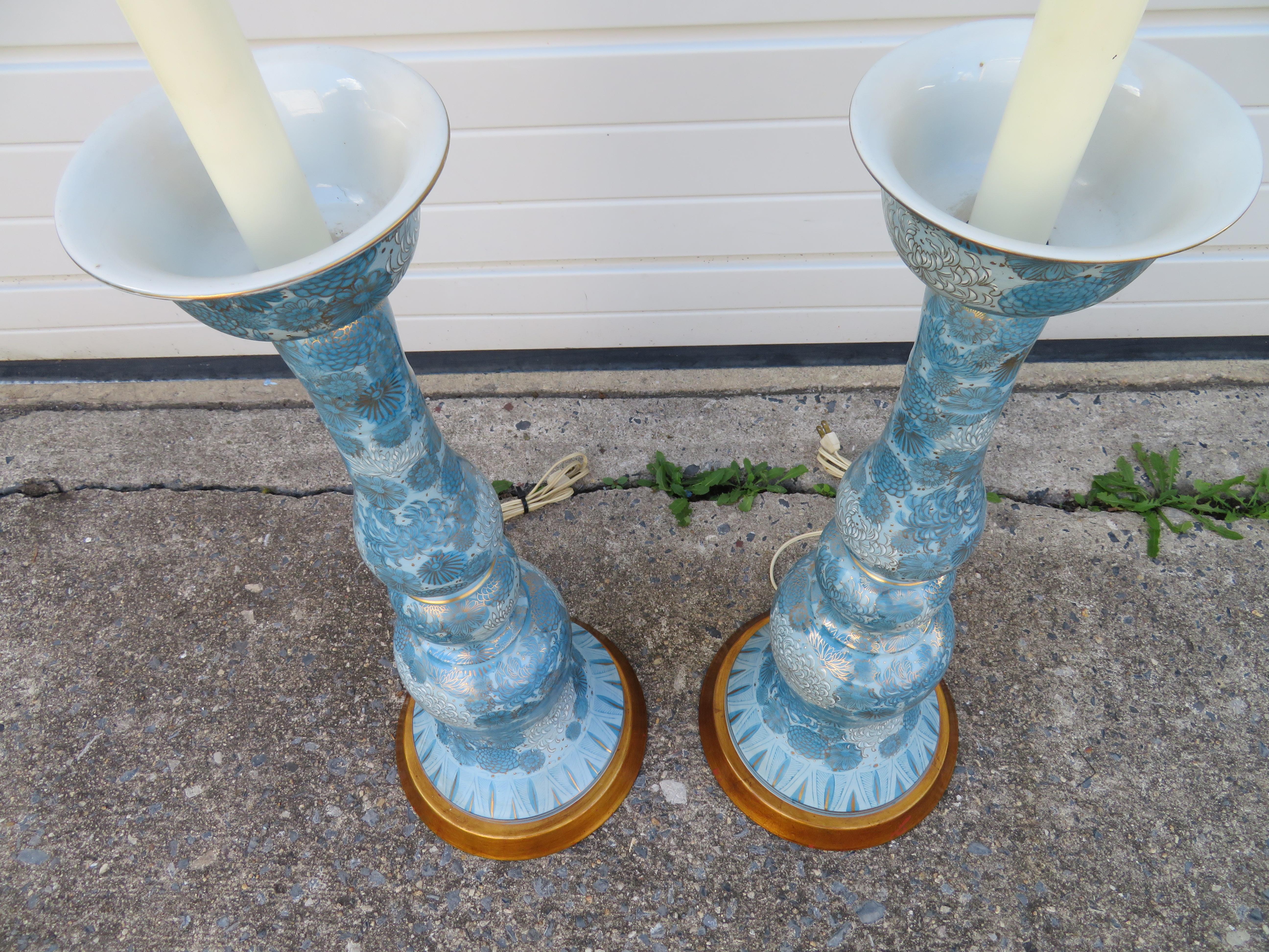 Spectacular Large Pair Marbro Blue and White Chrysanthemum Porcelain Lamps 2