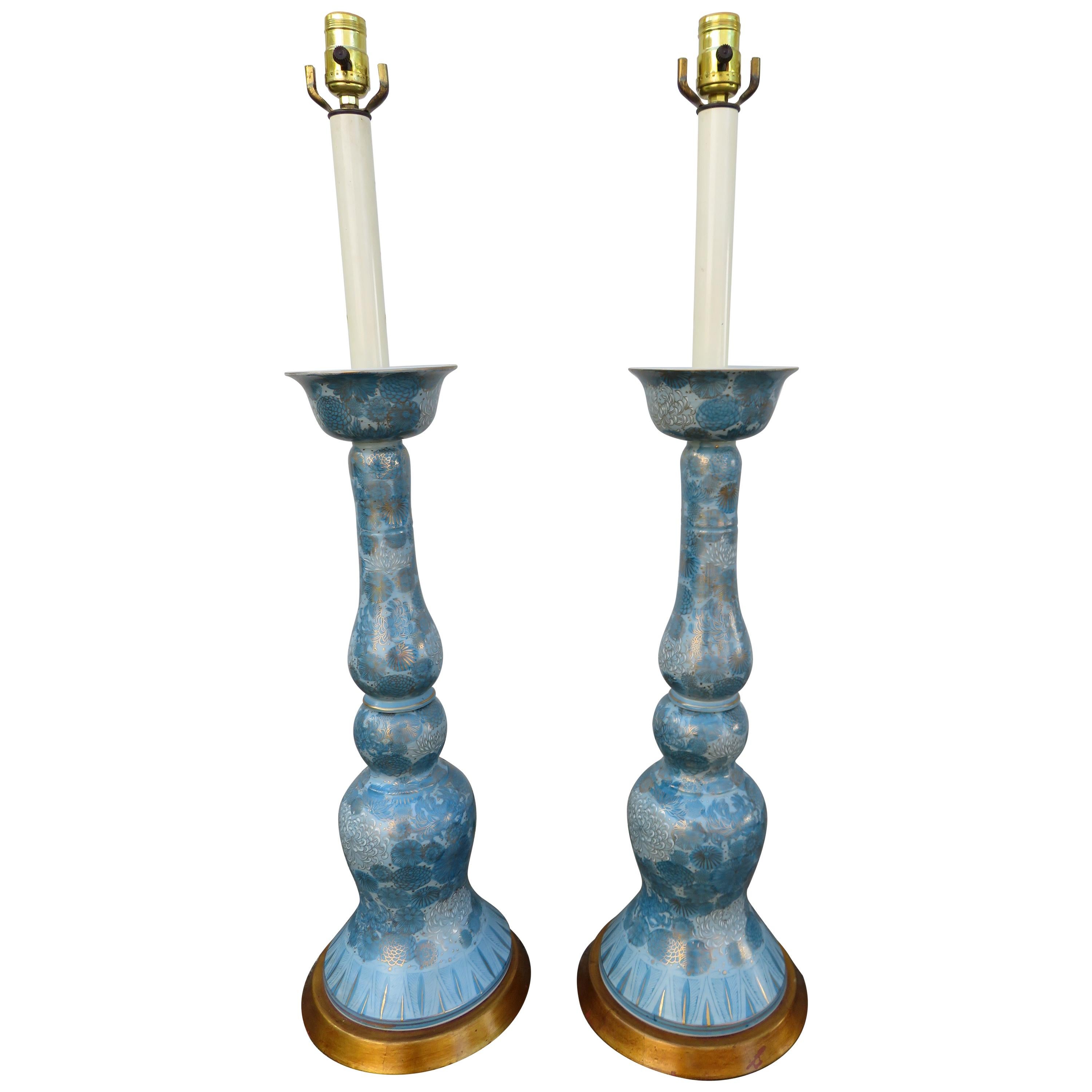 Spectacular Large Pair Marbro Blue and White Chrysanthemum Porcelain Lamps
