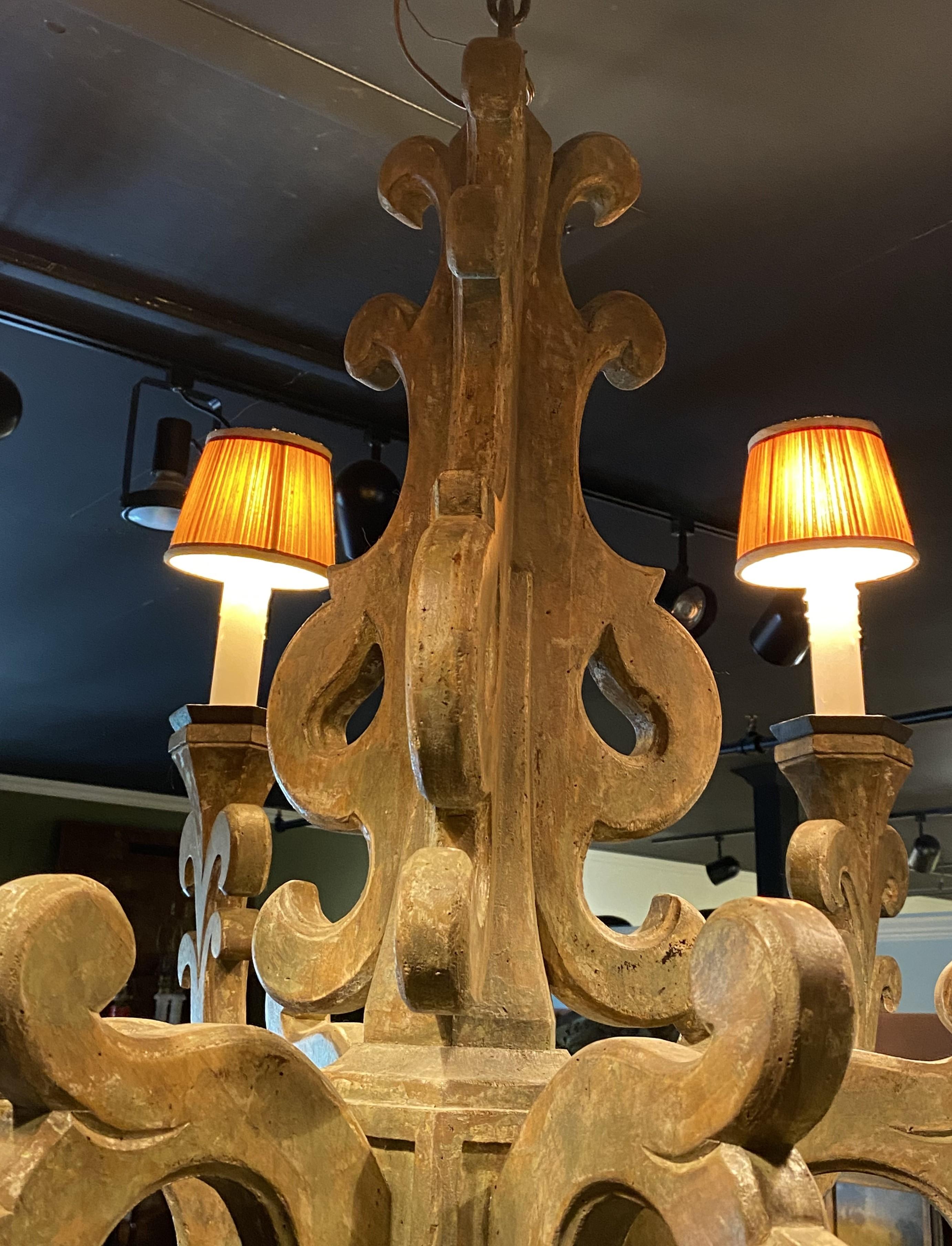 Spectacular Large Wooden Six Light Scrollwork Chandelier by Jerry Pair Lyon 5