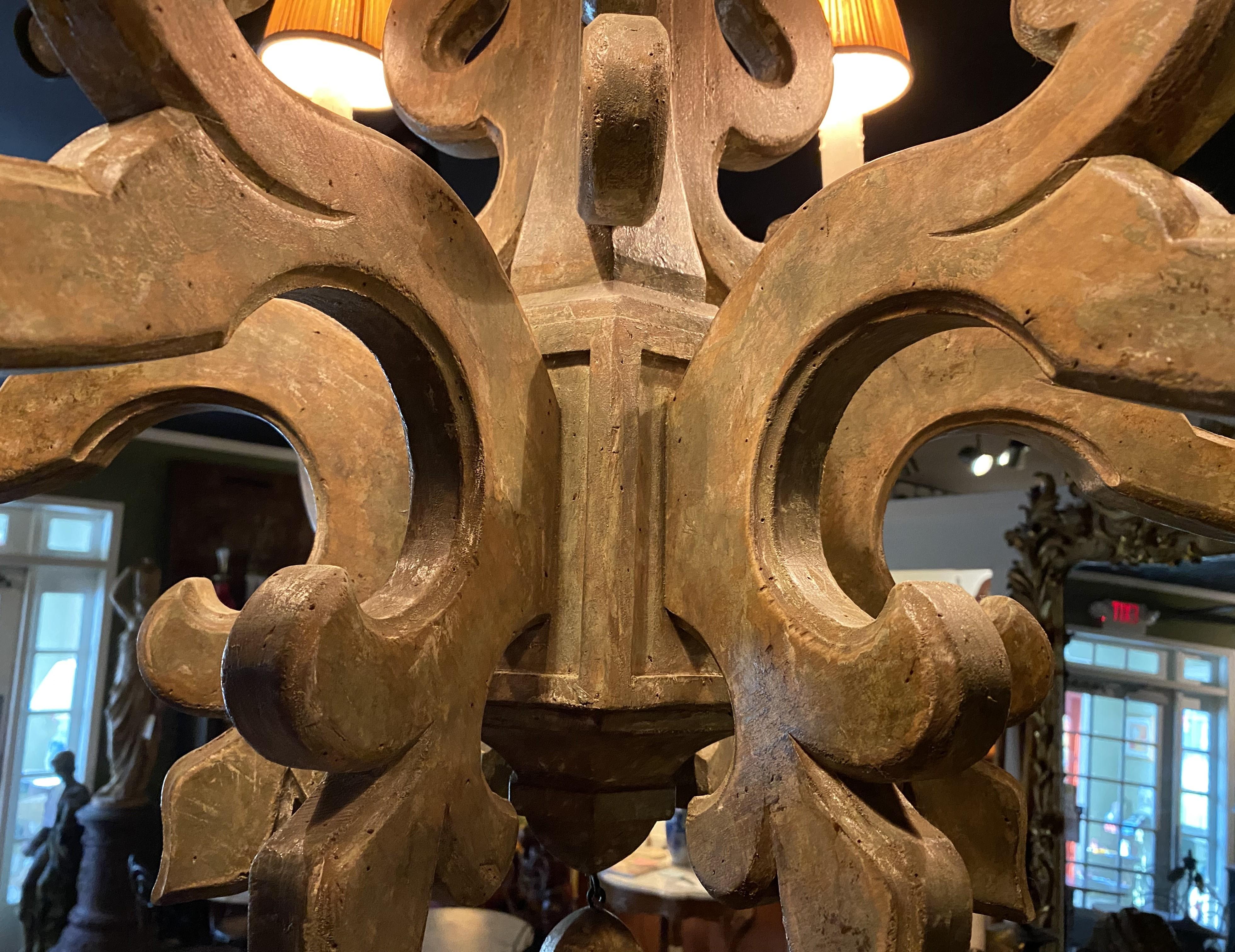 Spectacular Large Wooden Six Light Scrollwork Chandelier by Jerry Pair Lyon 6