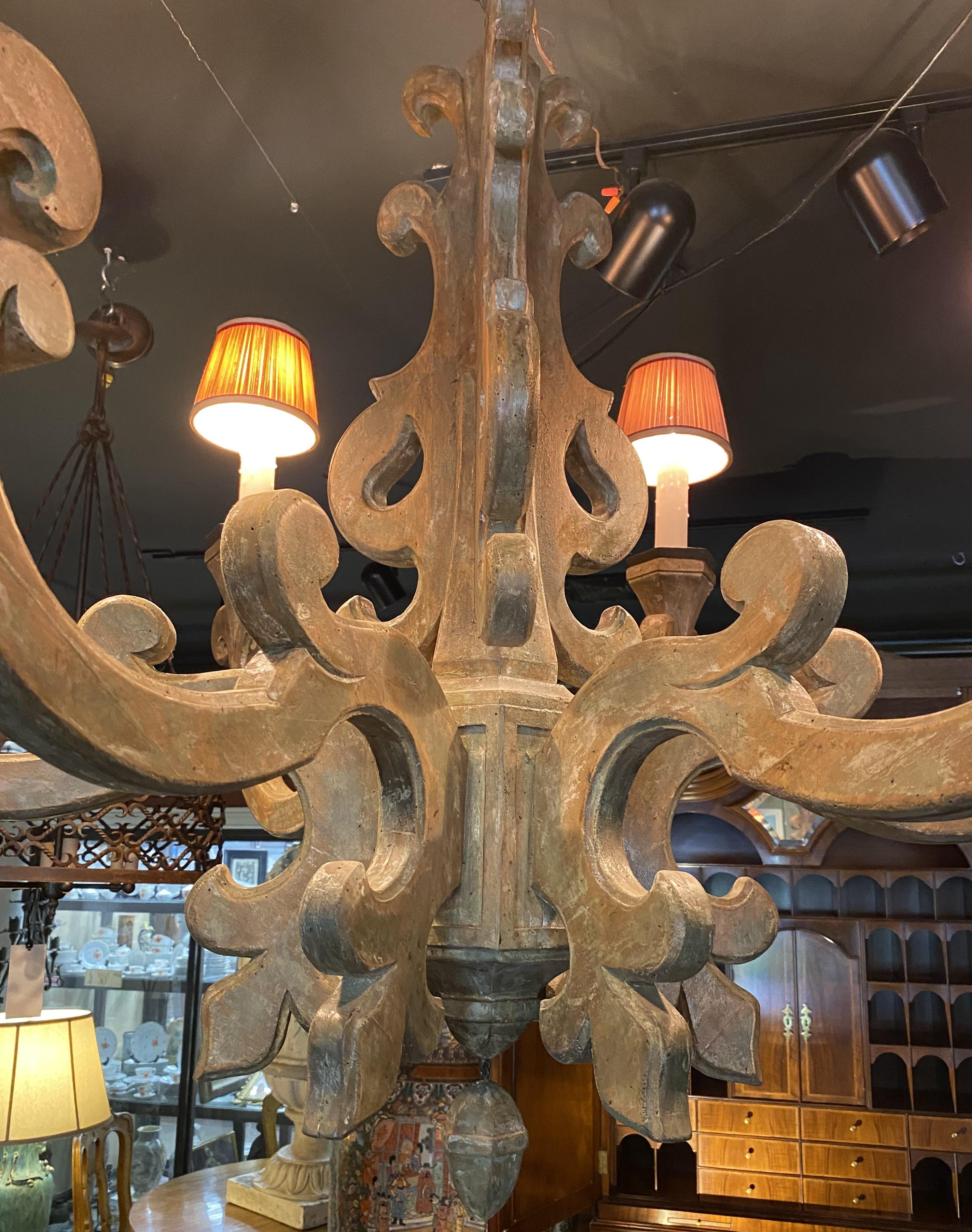 American Spectacular Large Wooden Six Light Scrollwork Chandelier by Jerry Pair Lyon