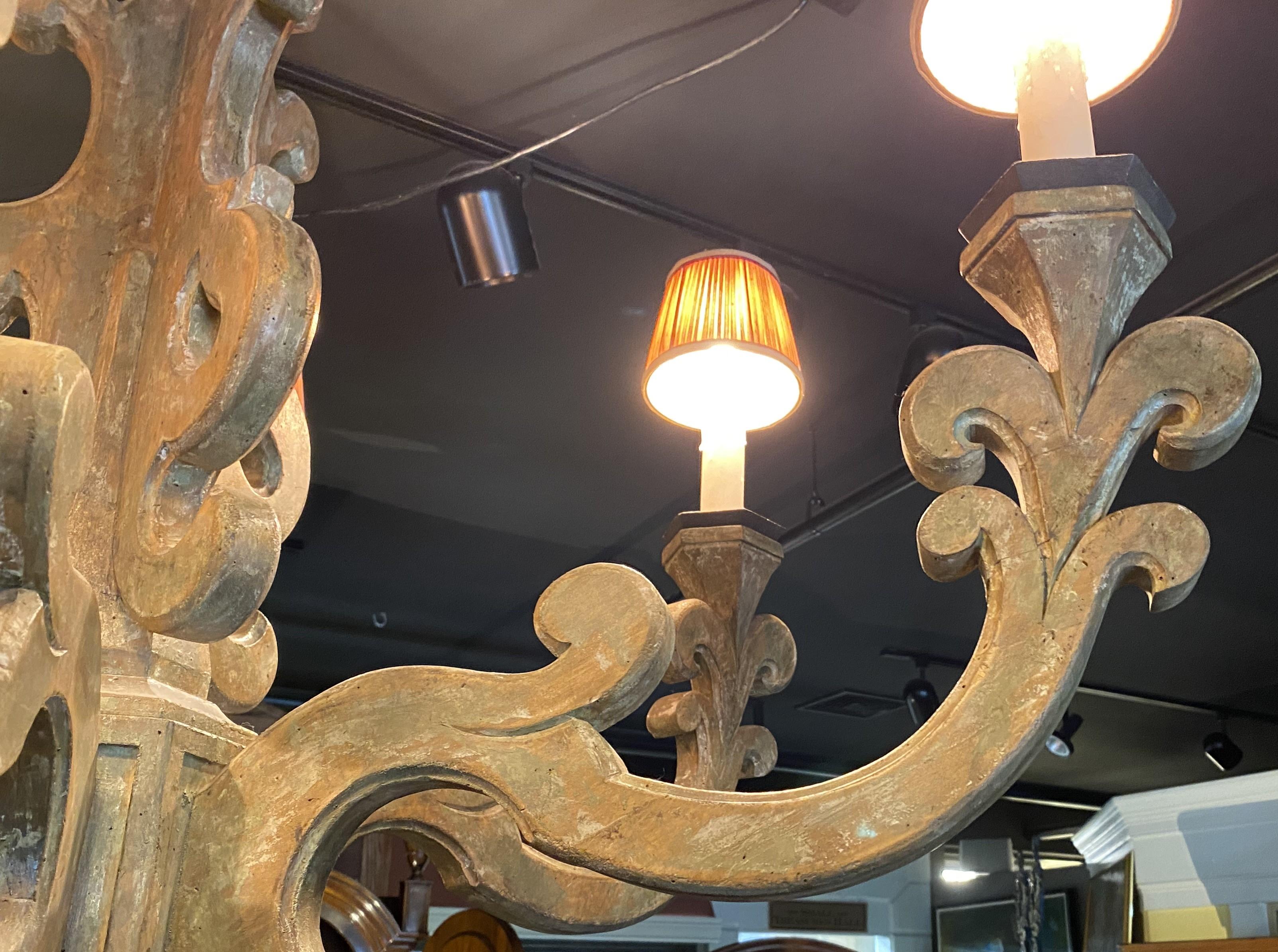 Hand-Carved Spectacular Large Wooden Six Light Scrollwork Chandelier by Jerry Pair Lyon  For Sale