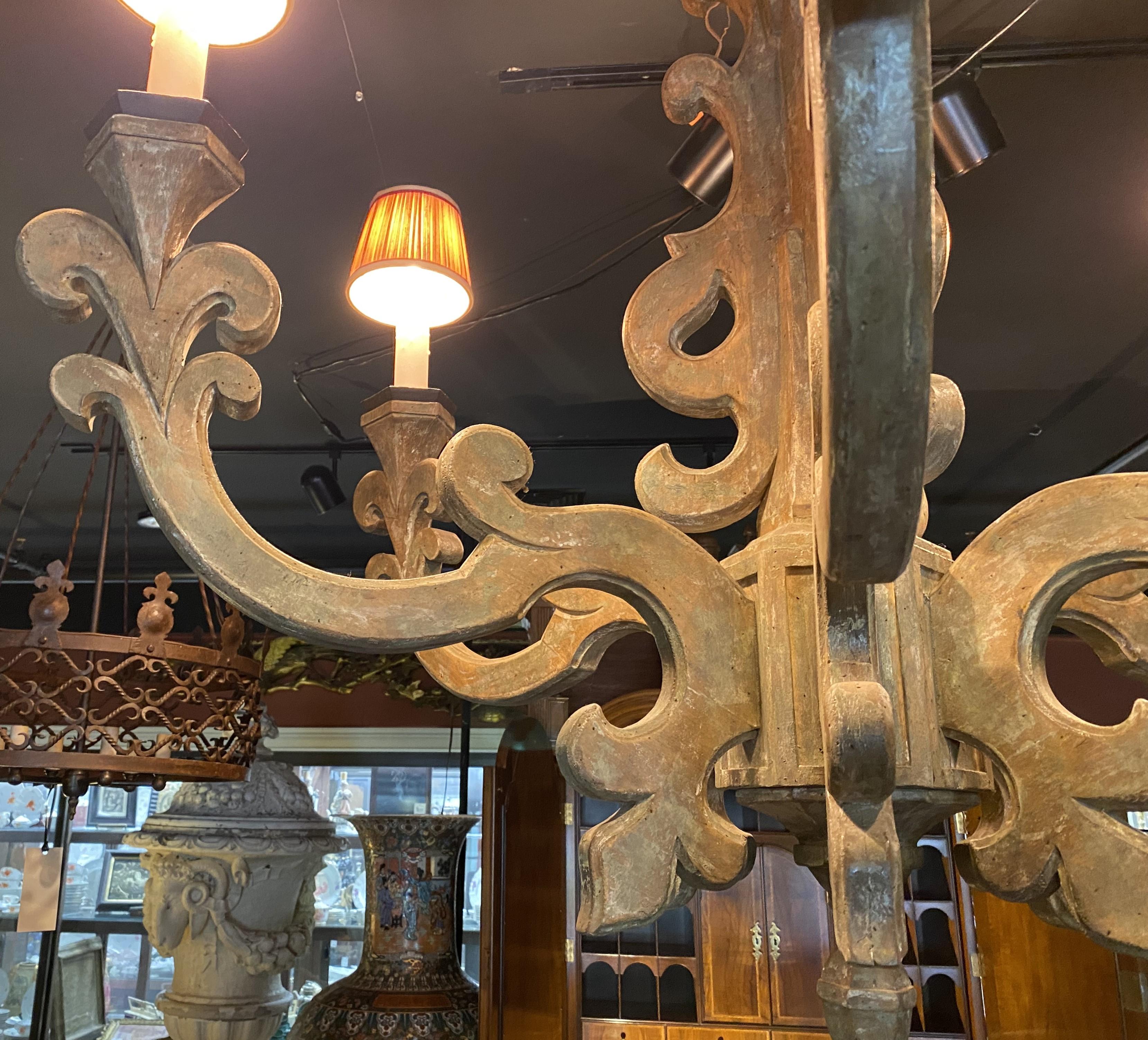 Spectacular Large Wooden Six Light Scrollwork Chandelier by Jerry Pair Lyon  In Good Condition For Sale In Milford, NH