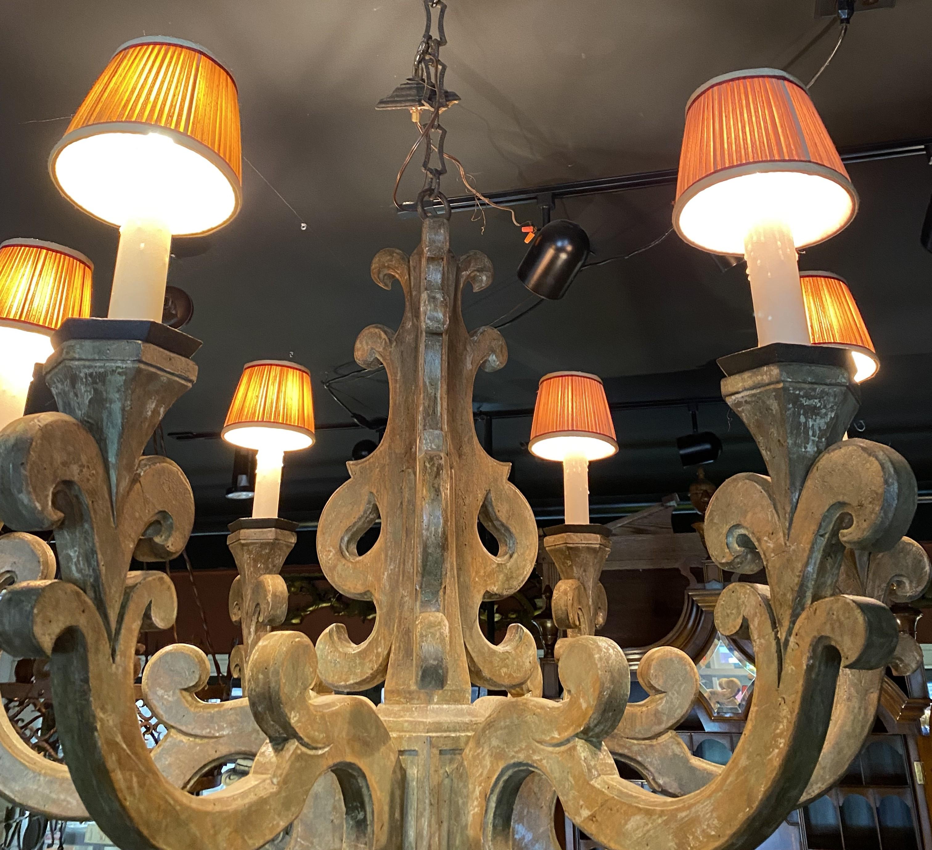 20th Century Spectacular Large Wooden Six Light Scrollwork Chandelier by Jerry Pair Lyon  For Sale