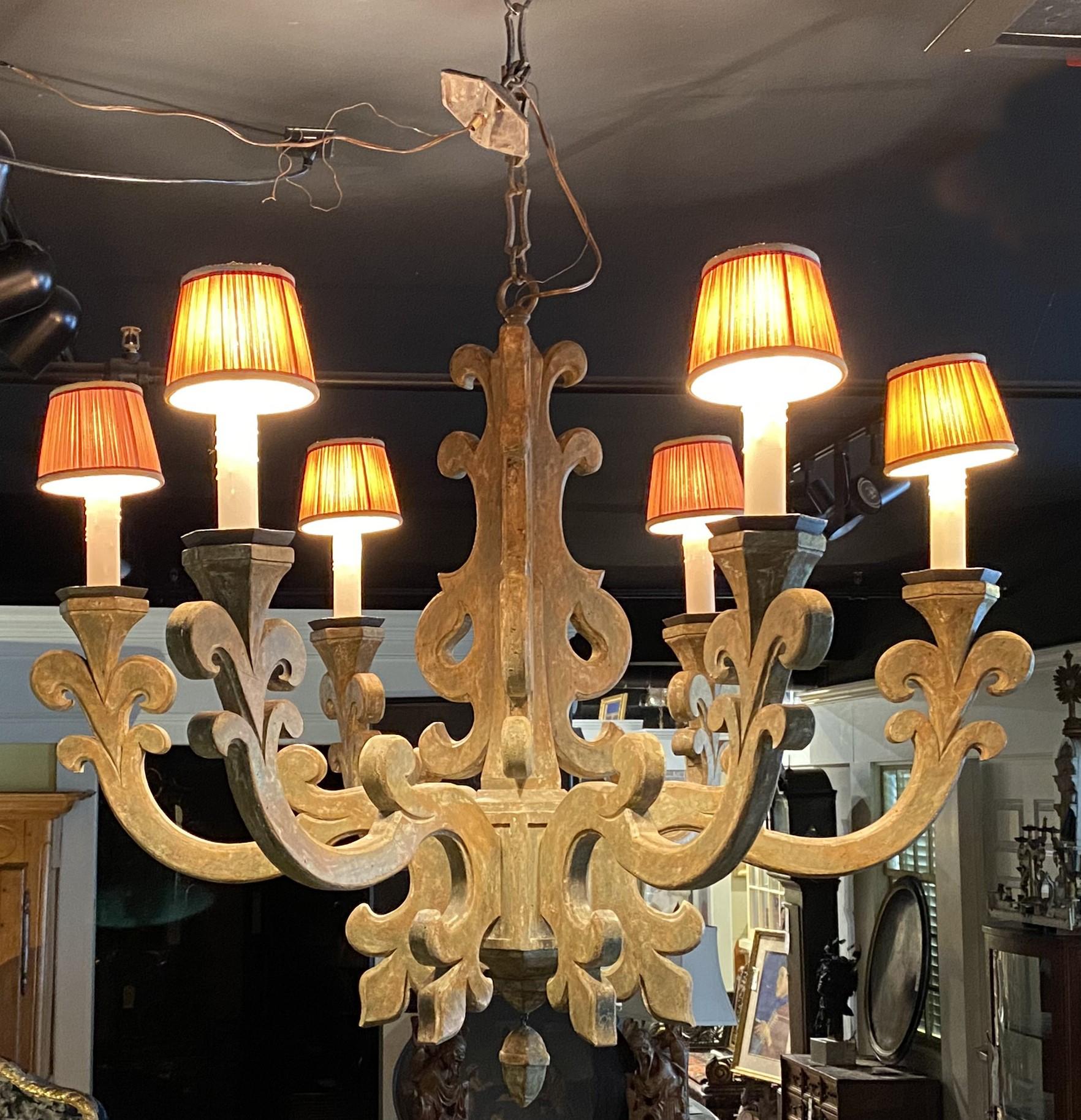 Spectacular Large Wooden Six Light Scrollwork Chandelier by Jerry Pair Lyon 1