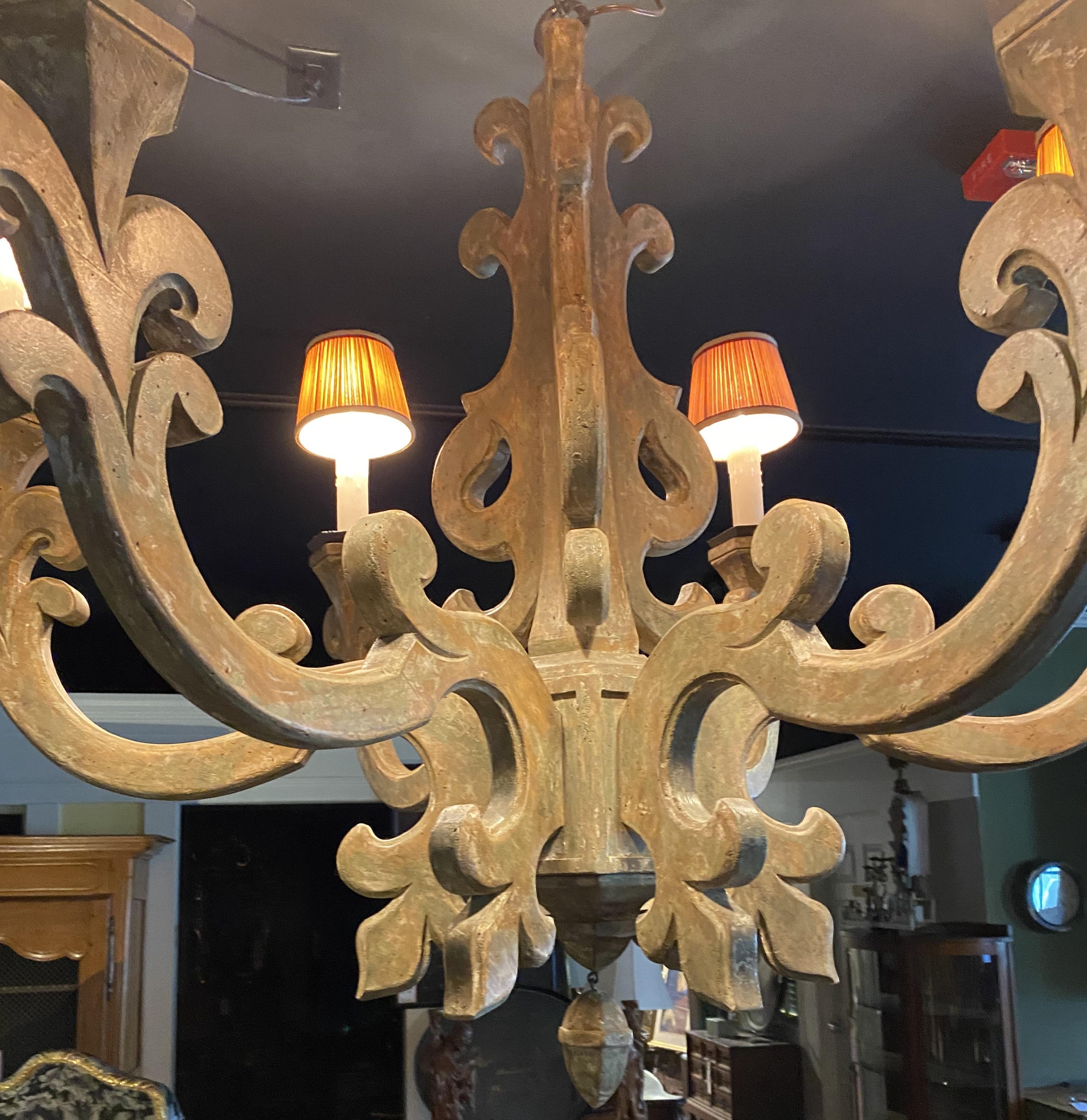 Spectacular Large Wooden Six Light Scrollwork Chandelier by Jerry Pair Lyon 2